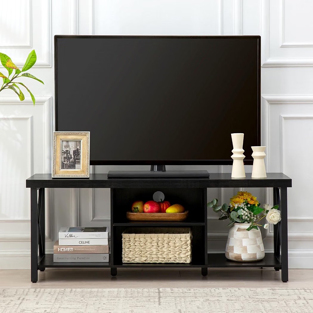 TV Stand Console Table Cabinet Up to 55in Black Farmhouse Open Shelves X-Frame