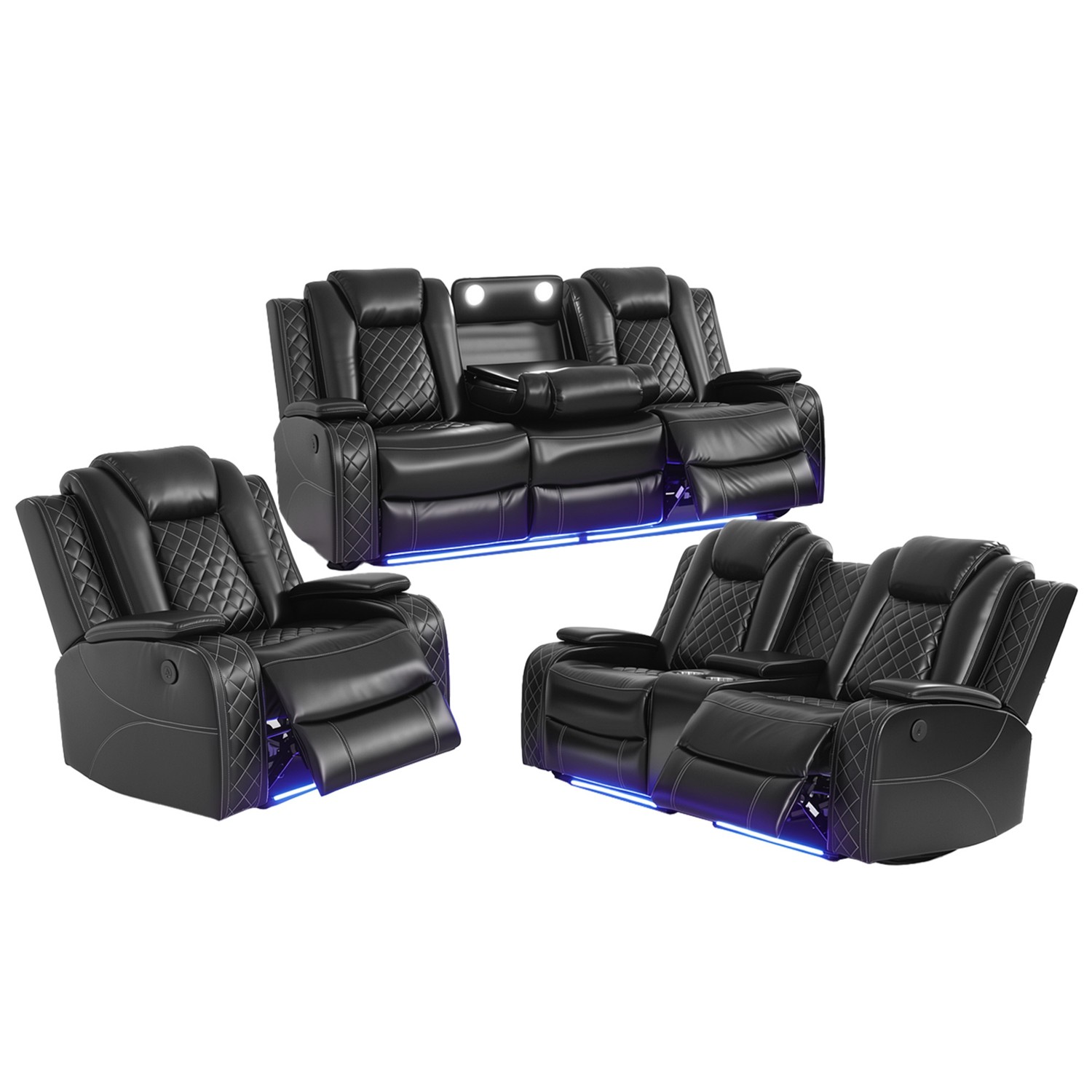 Breathable Leather Recliner Sofa Set w/LED Ambient Lighting Cup Holders&Storage