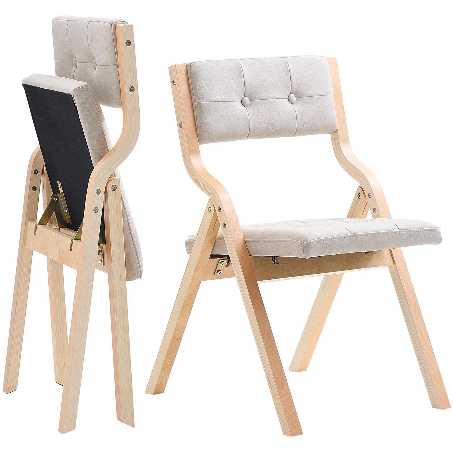 Wooden Folding Chairs with Padded Cushion and Wooden Frame Beige Set of 2