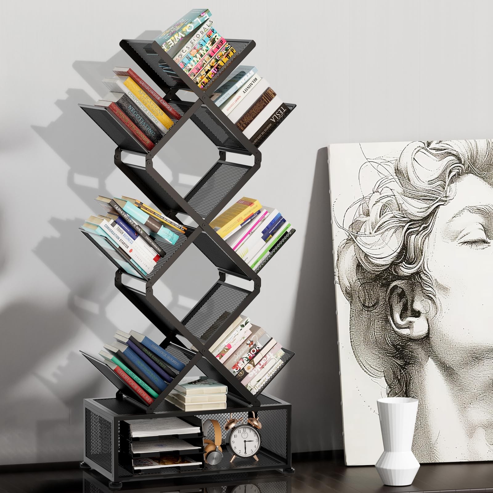9-Tier Space Saving Bookshelf with Storage,Bedroom Shelves Folding Bookshelve…