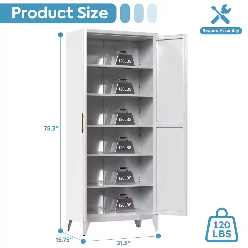 32 In. W X 75 In. H X 16 In. D White Metal Freestanding Storage Cabinet, Kitchen