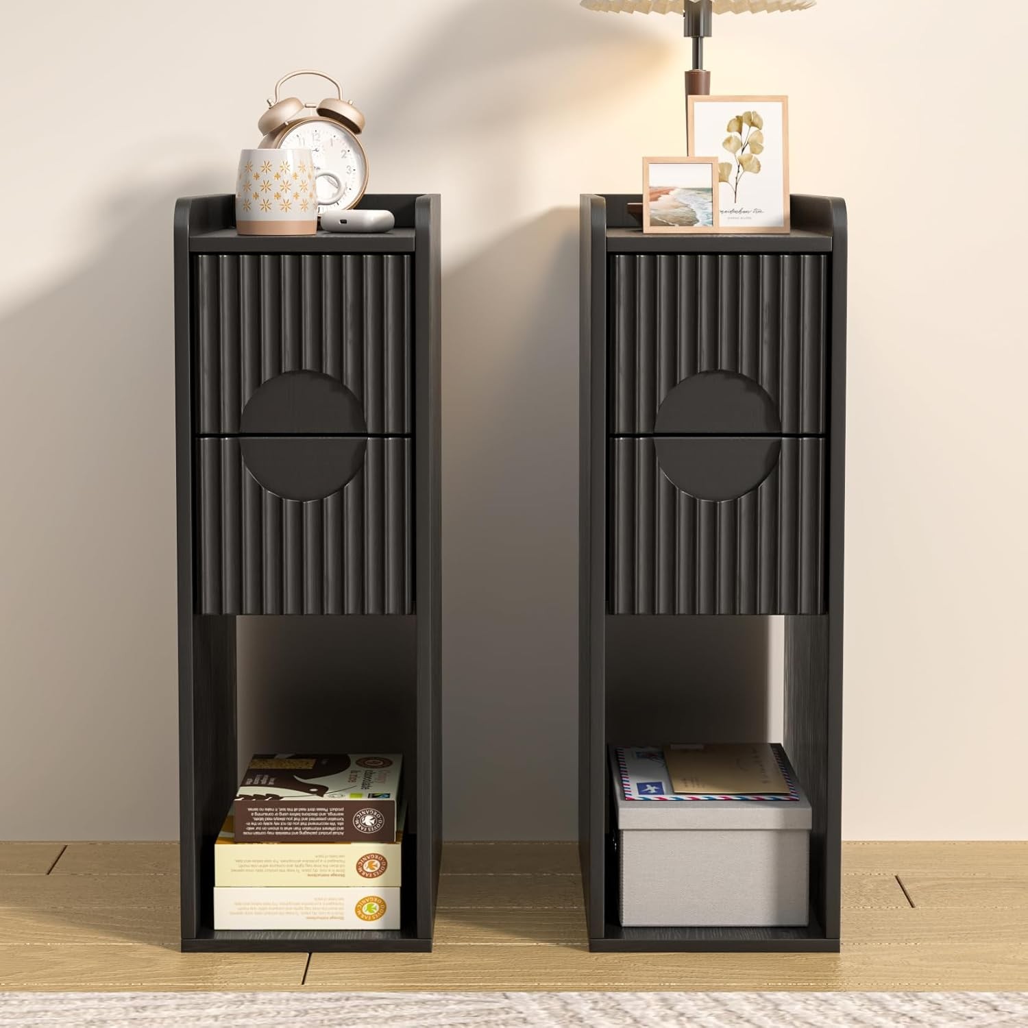 Narrow Fluted Nightstand Set of 2, Wooden Small 2 Drawer Nightstand