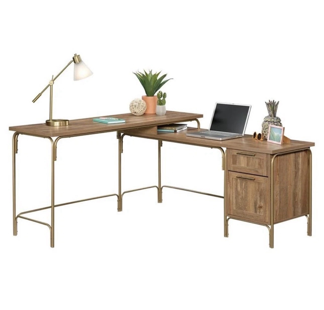 Light Brown Gold Finish L-Shaped Corner Desk Wood Drawers Shelves 60.5″ x 59″