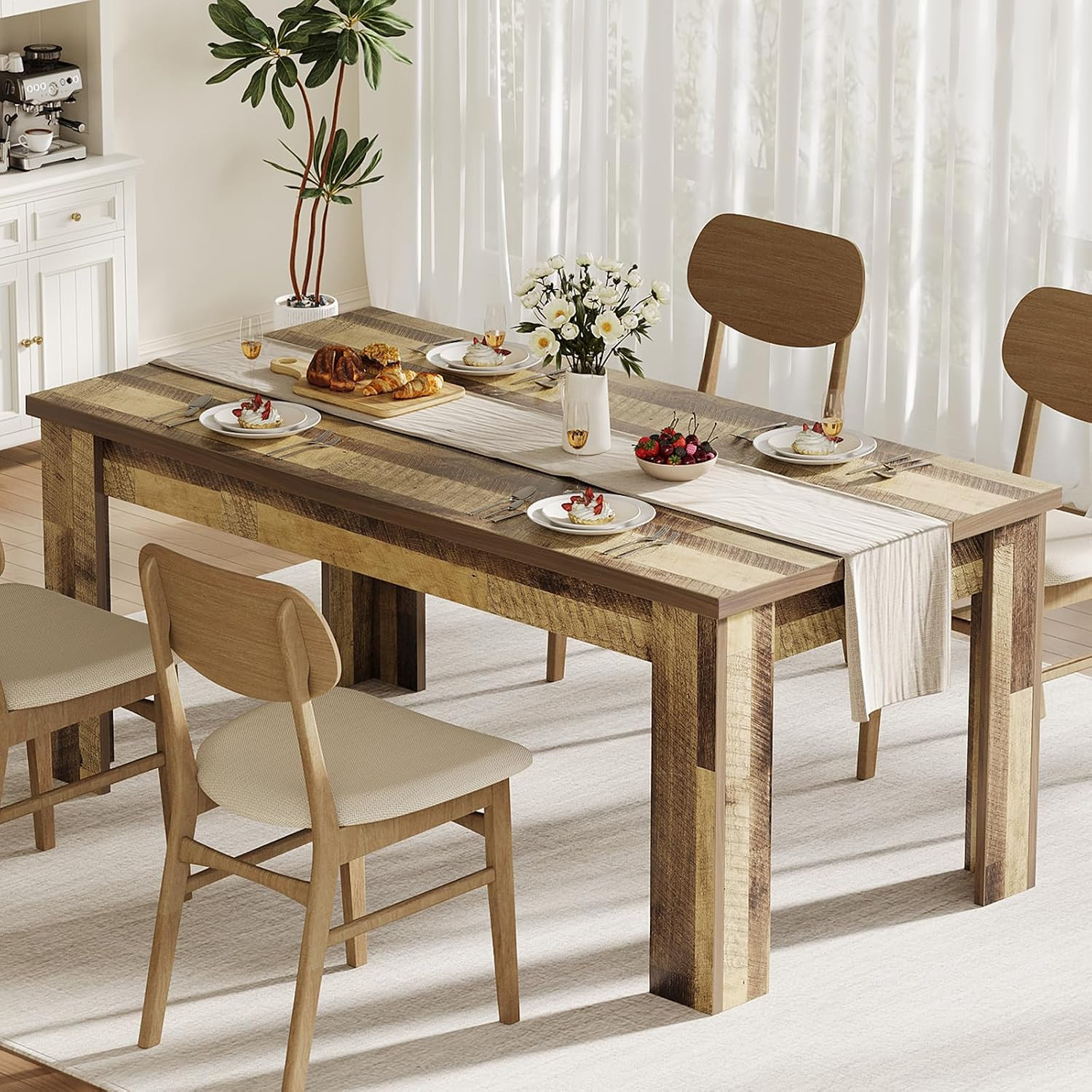 Farmhouse 63″ Rectangular Dining Table for 4-6, Sturdy Retro Brown Design