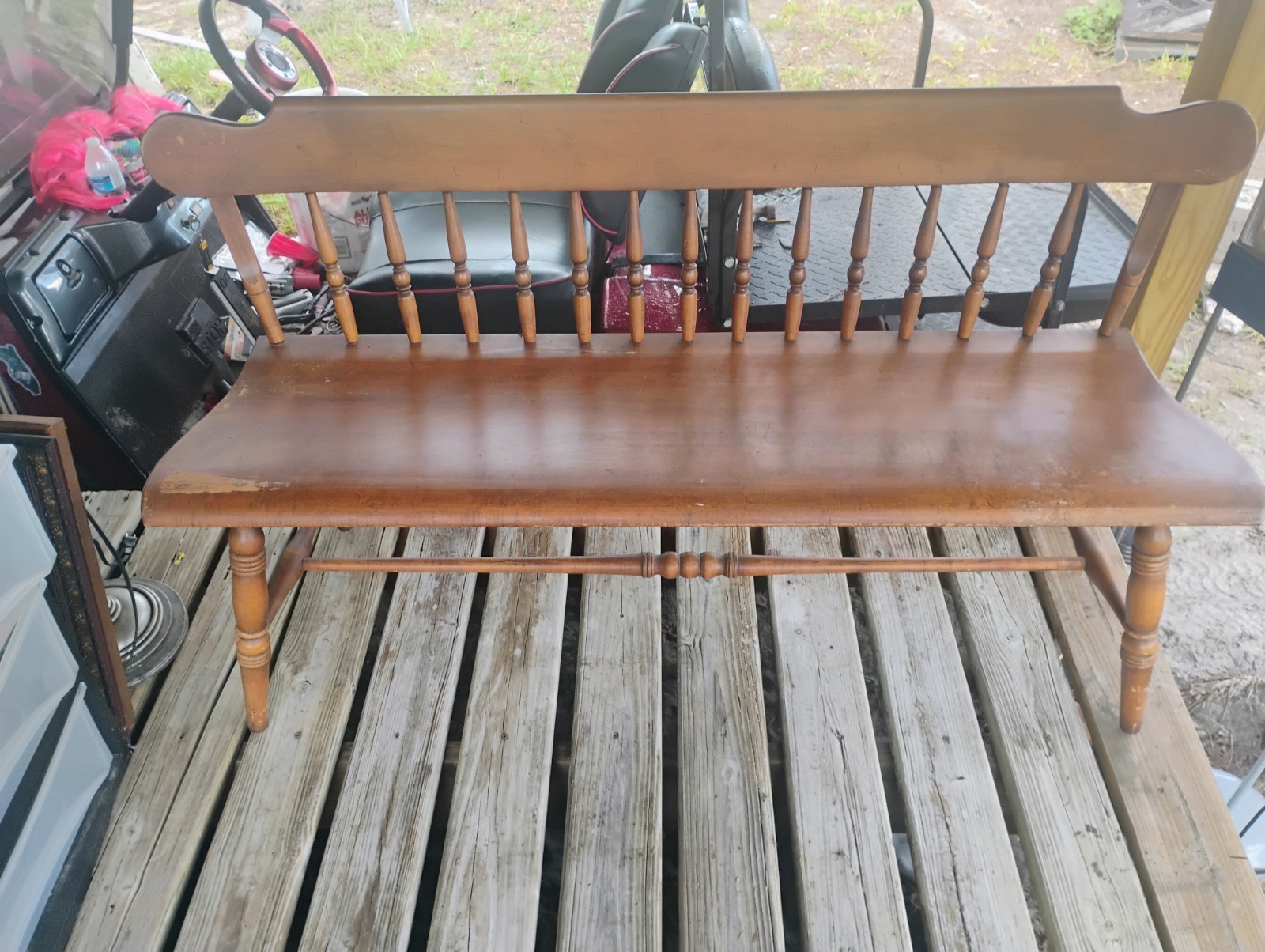 Vintage 1852 Spindle-Back Bench w/ Backrest Brown 48x20x18 in, Medium Wood Tone