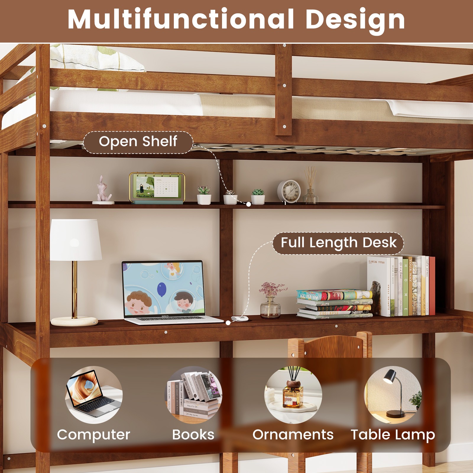 Twin Solid Wood Loft Bed Frame w/ Storage Shelf Ladder Desk Storage Shelf