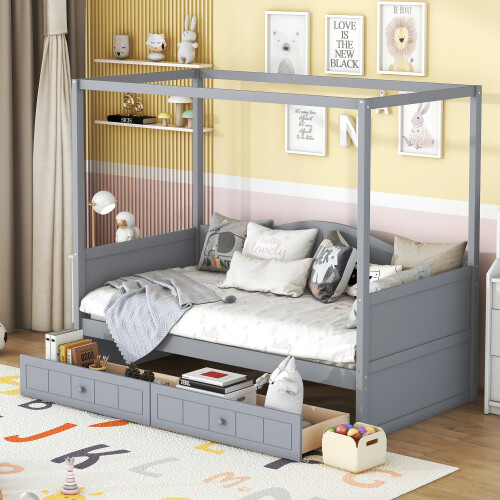Canopy Platform Bed Solid Wood Daybed with Trundle or Storage Drawers Sofa Beds