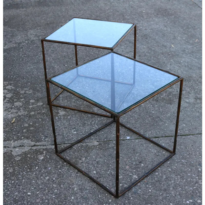 1970s Pair of Side/Drink Tables Cube Metal Faux Bamboo Glass Top