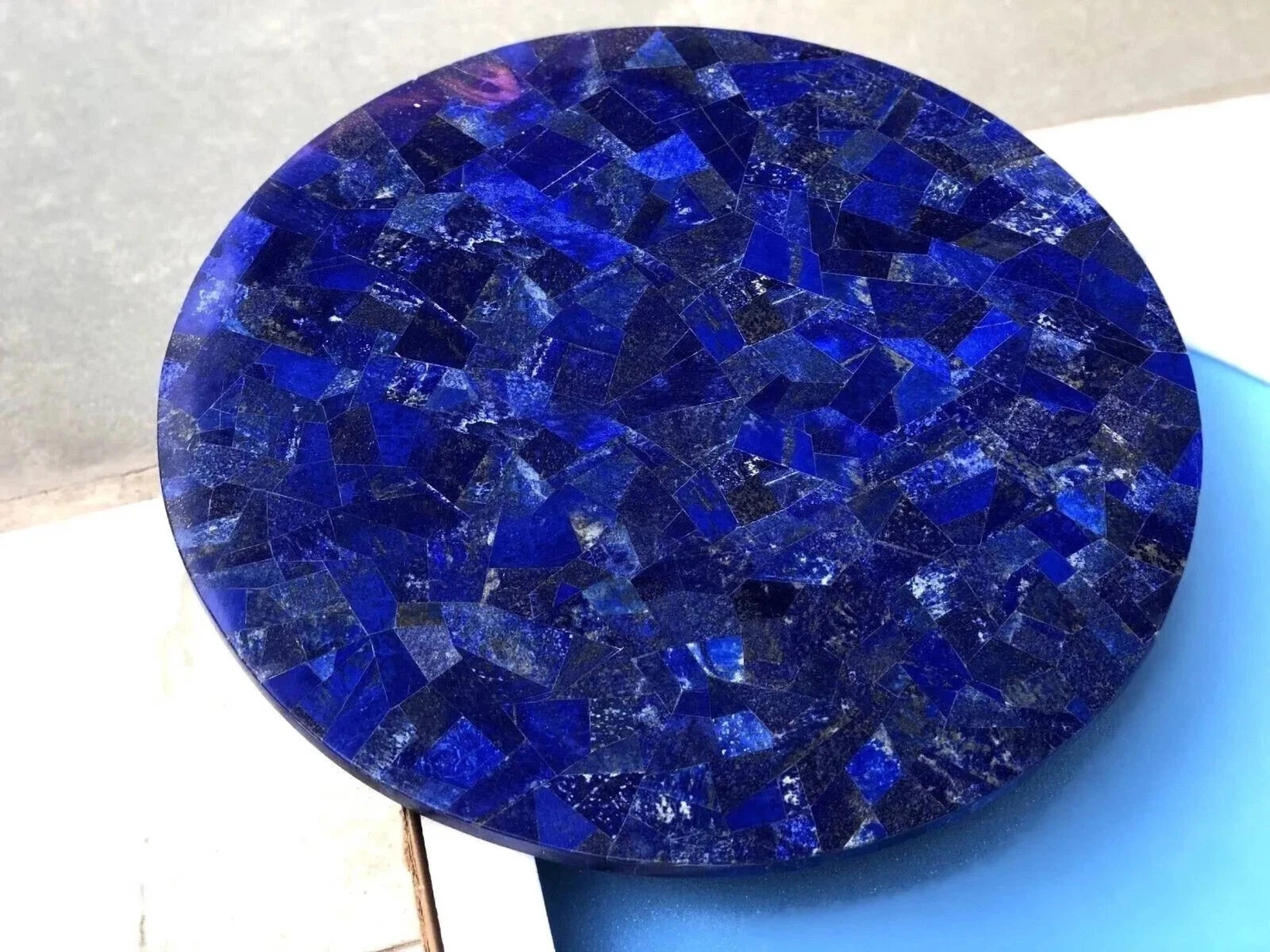 12″ Lapis Lazuli Blue Marble Round Coffee Table Random Inlay Gemstone Home Deco