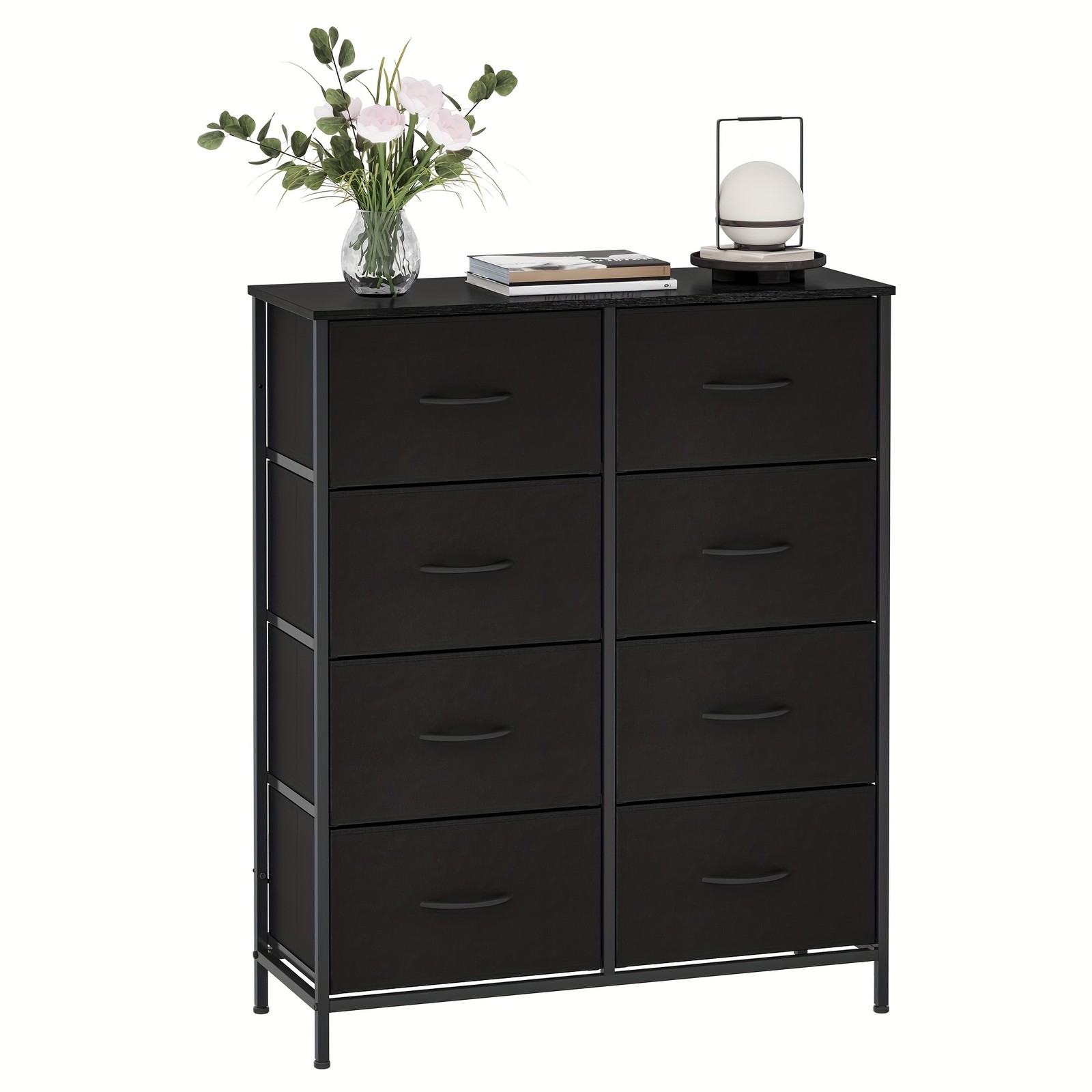 8-Drawer Storage Tower, Steel Frame, Wood Top, Fabric Bins, Black for Bedroom