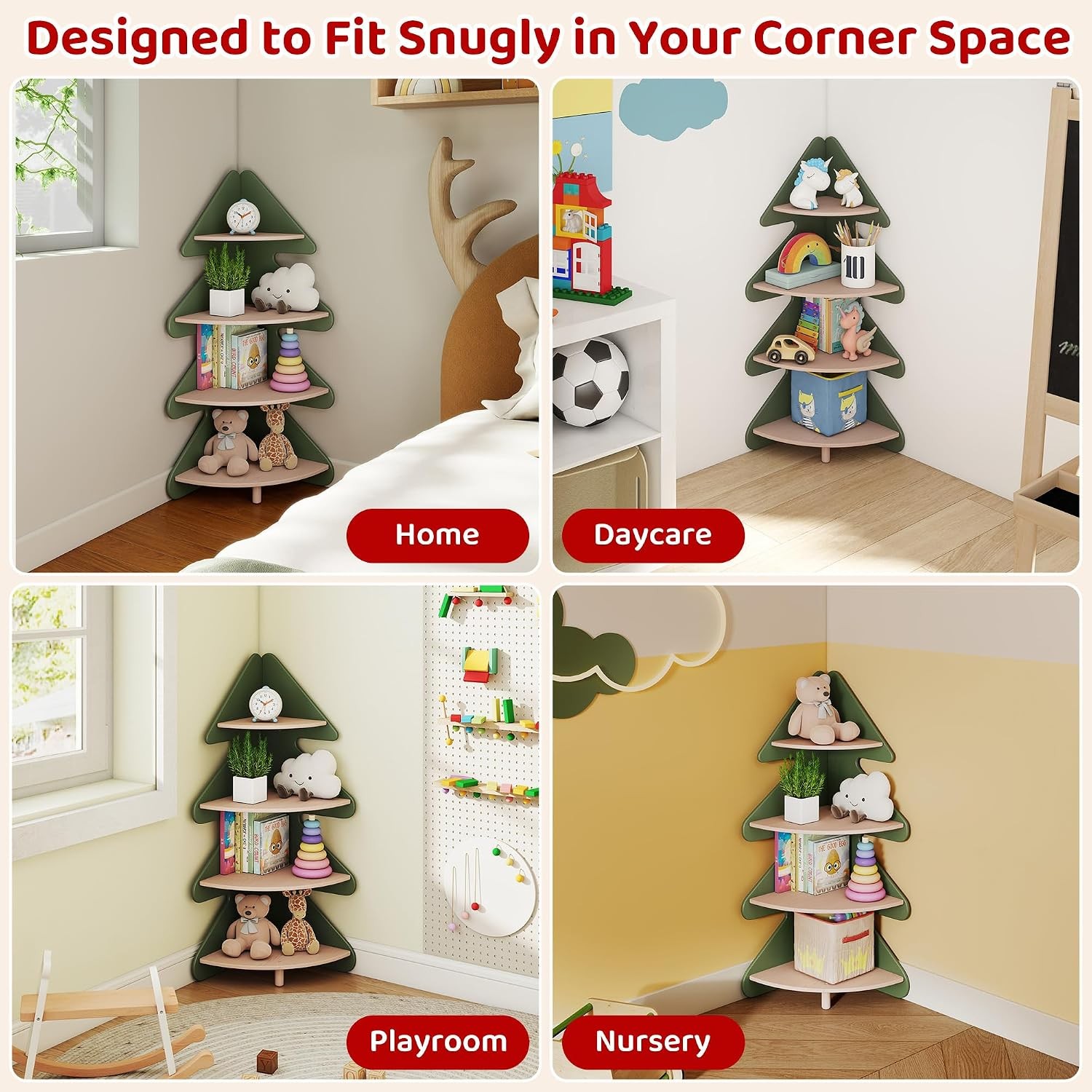 Tree Bookshelf Kids 4-Tier Montessori Corner Bookcase Space-Saving Freestanding