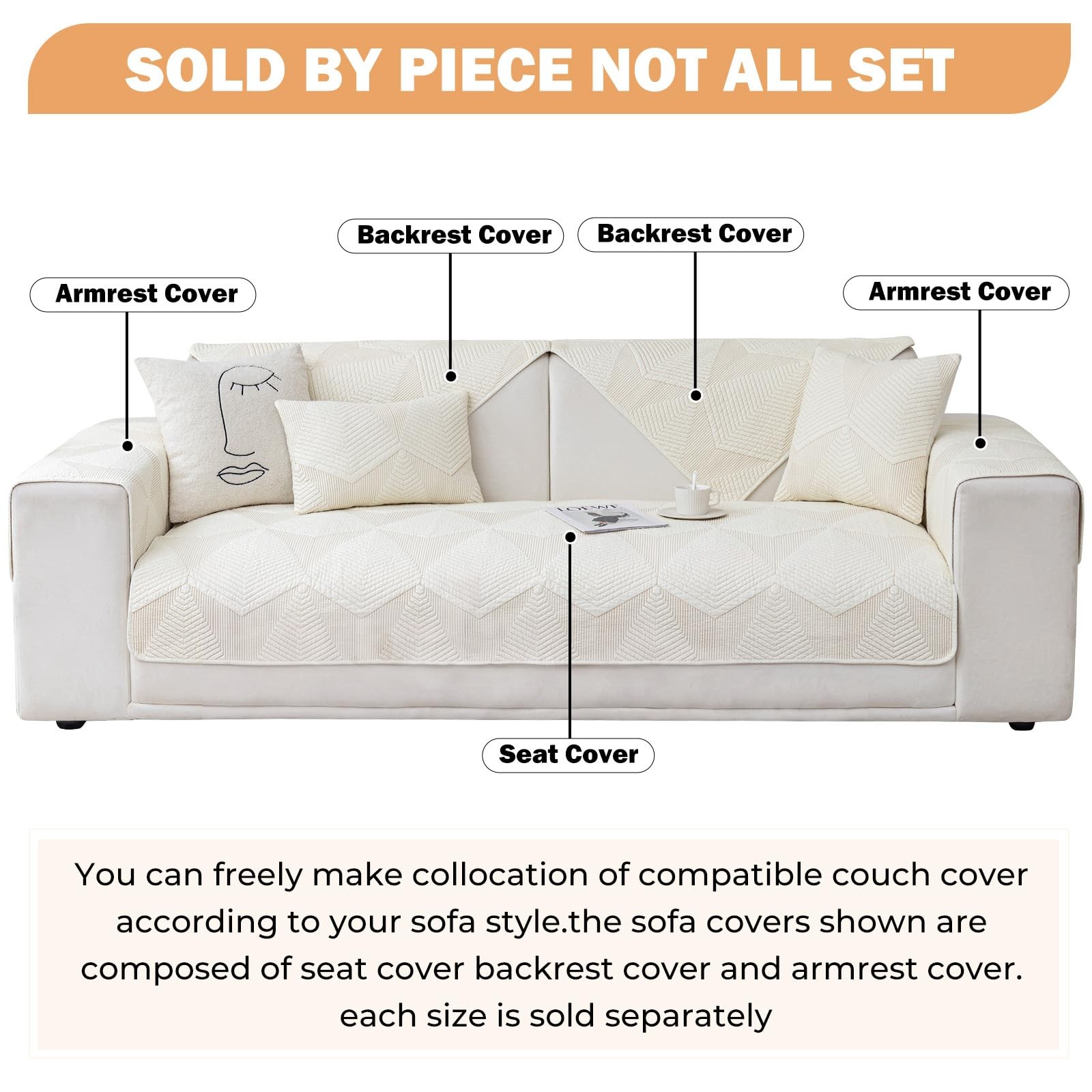 Vctops Farmhouse Solid Color Embroidery Sofa Couch Cover Cotton Quilted