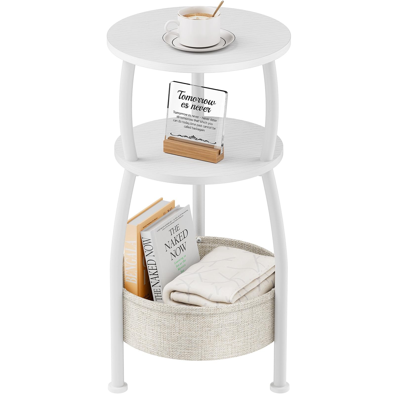 Matte White Small Round Side End Table Storage Basket 3Tier 24 Inch Tall