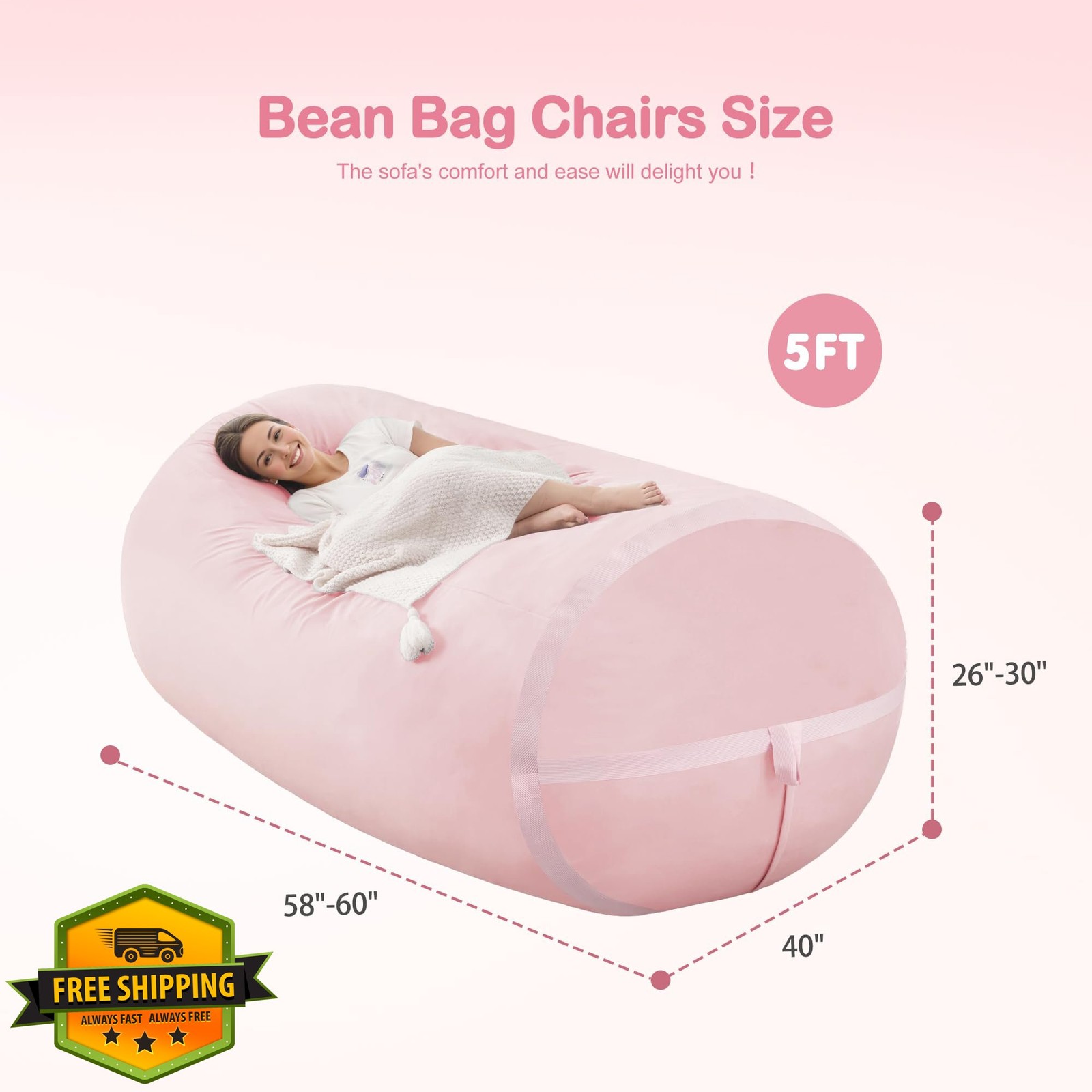 HABUTWAY 5FT Bean Bag Chair Pink Dutch Velvet Memory Foam Giant