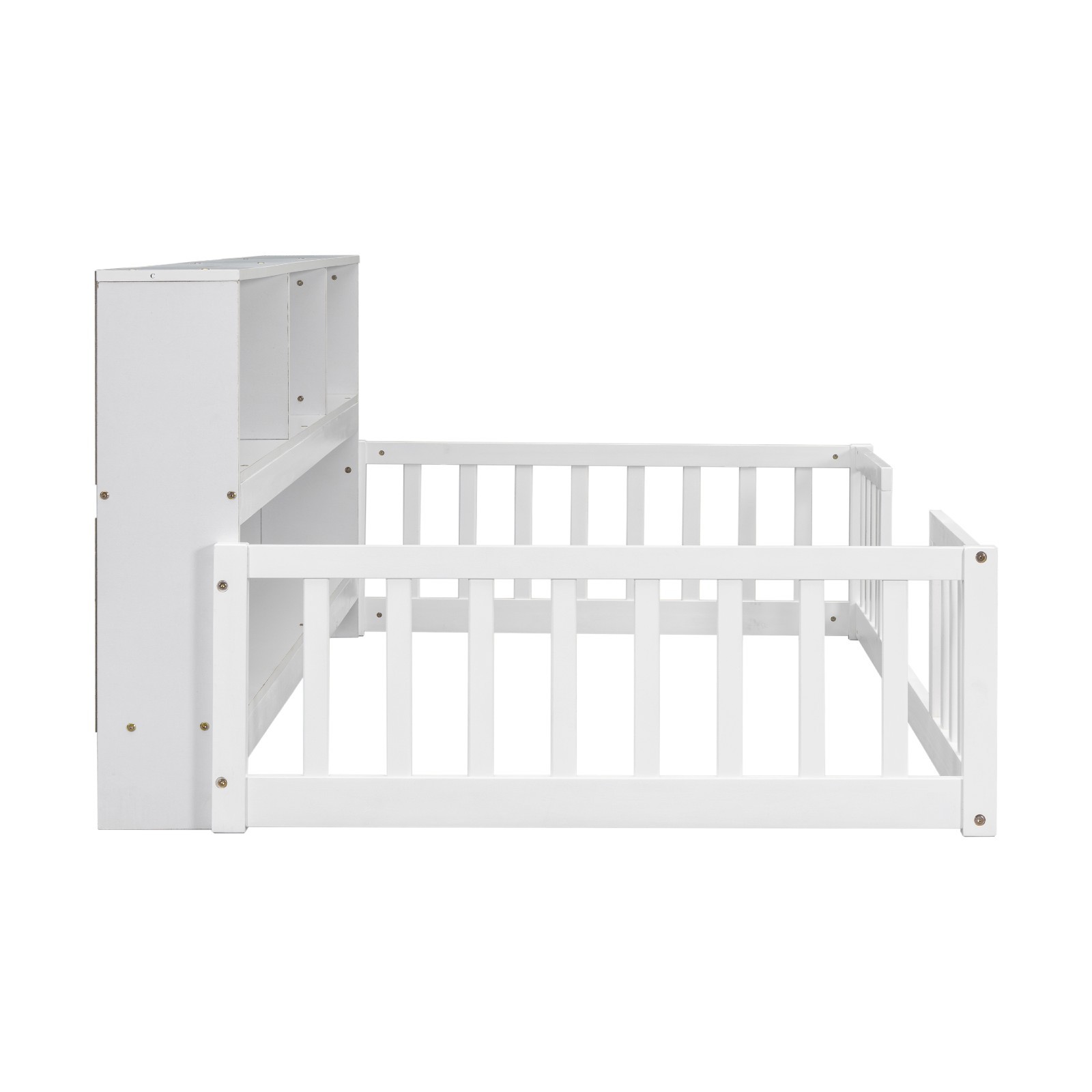 Twin / Full Size Floor Bed With Bookcase Storage Shelves and Guardrails For Kids