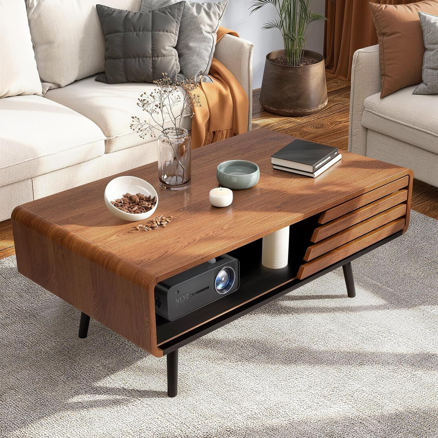Modern Coffee Table with Storage & Open Shelf, Mid Century Design 39″ W