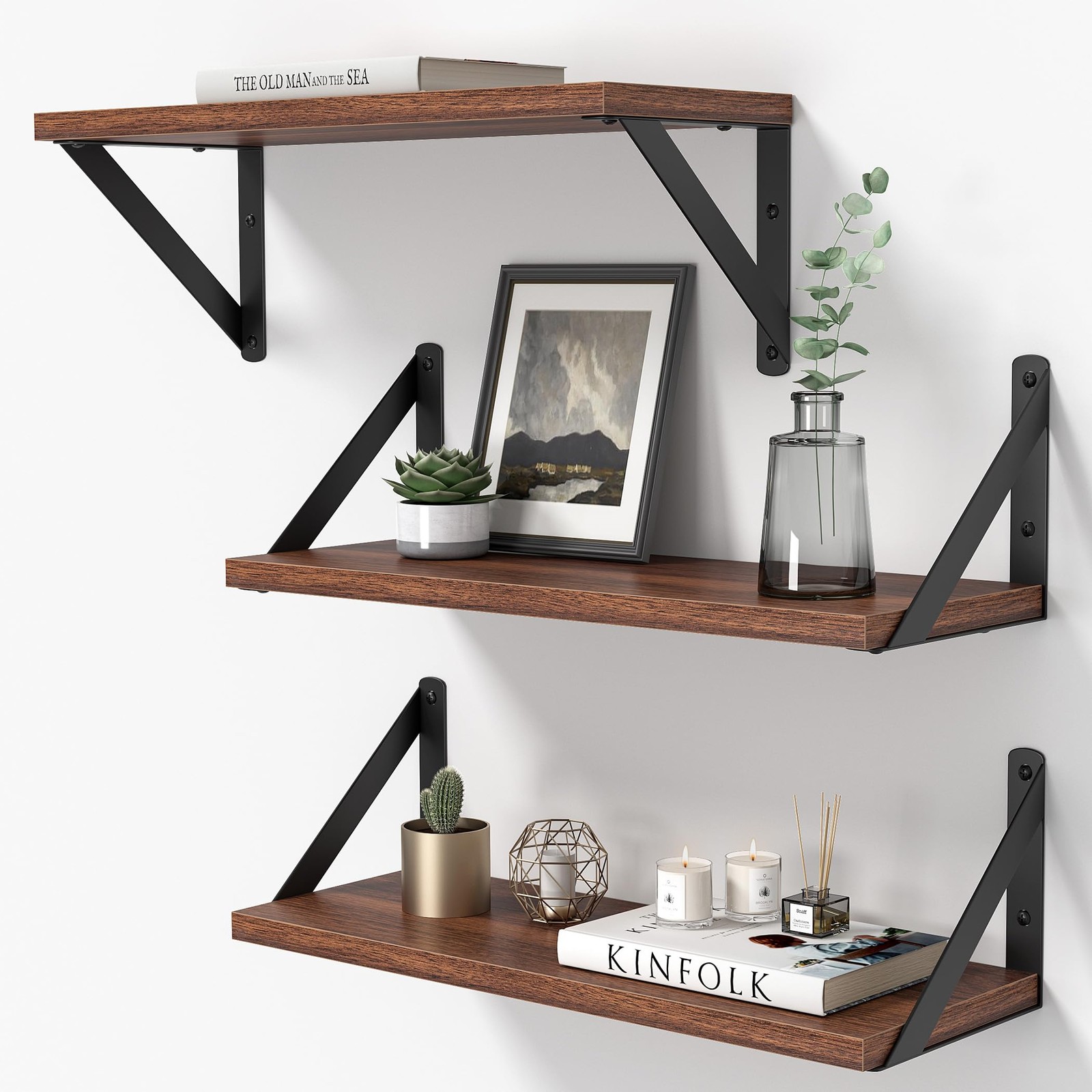 3 Pack 16 Inch Wood Floating Shelves, Walnut, Wall Mounted Hanging Shelf, Decor