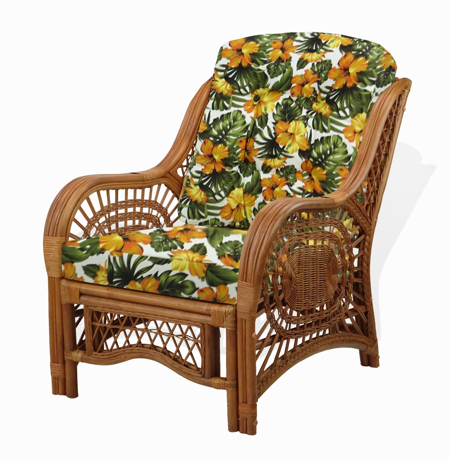 Malibu Natural Rattan Wicker Lounge Armchair with Floral Cushions