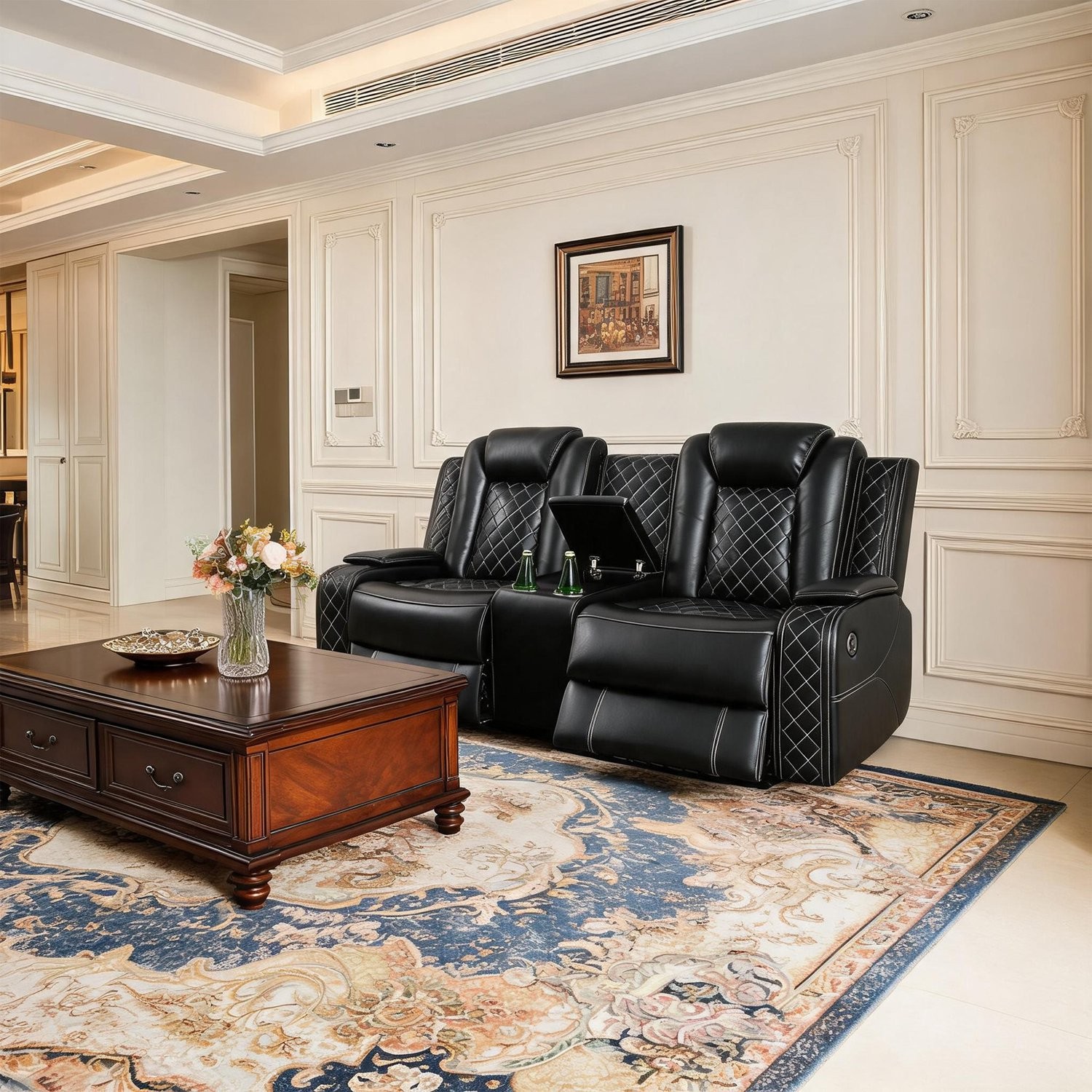 Breathable Leather Recliner Sofa Set w/LED Ambient Lighting Cup Holders&Storage