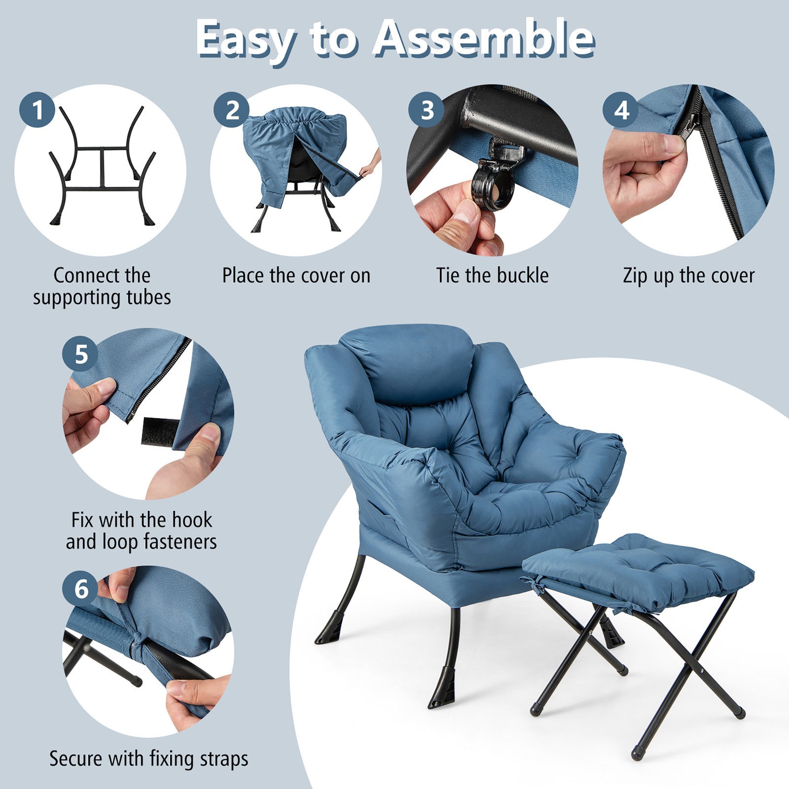 Lazy Sofa Chair Accent Leisure Armchair w/Folding Footrest & Storage Pocket Blue