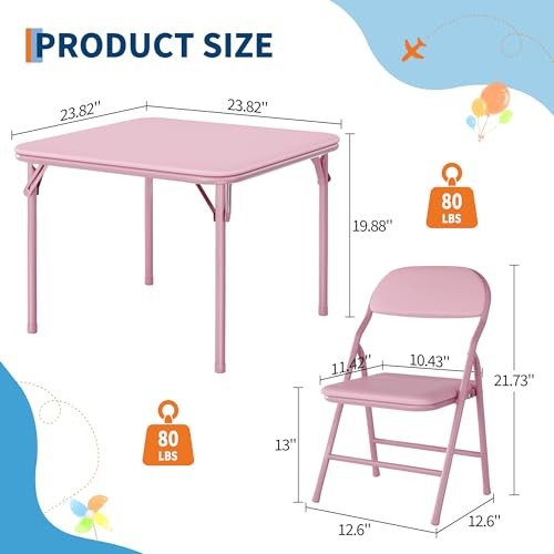 GAOMON 3 Piece Set Folding Table and Chairs Set, Boys 3 Piece Set(square) Pink