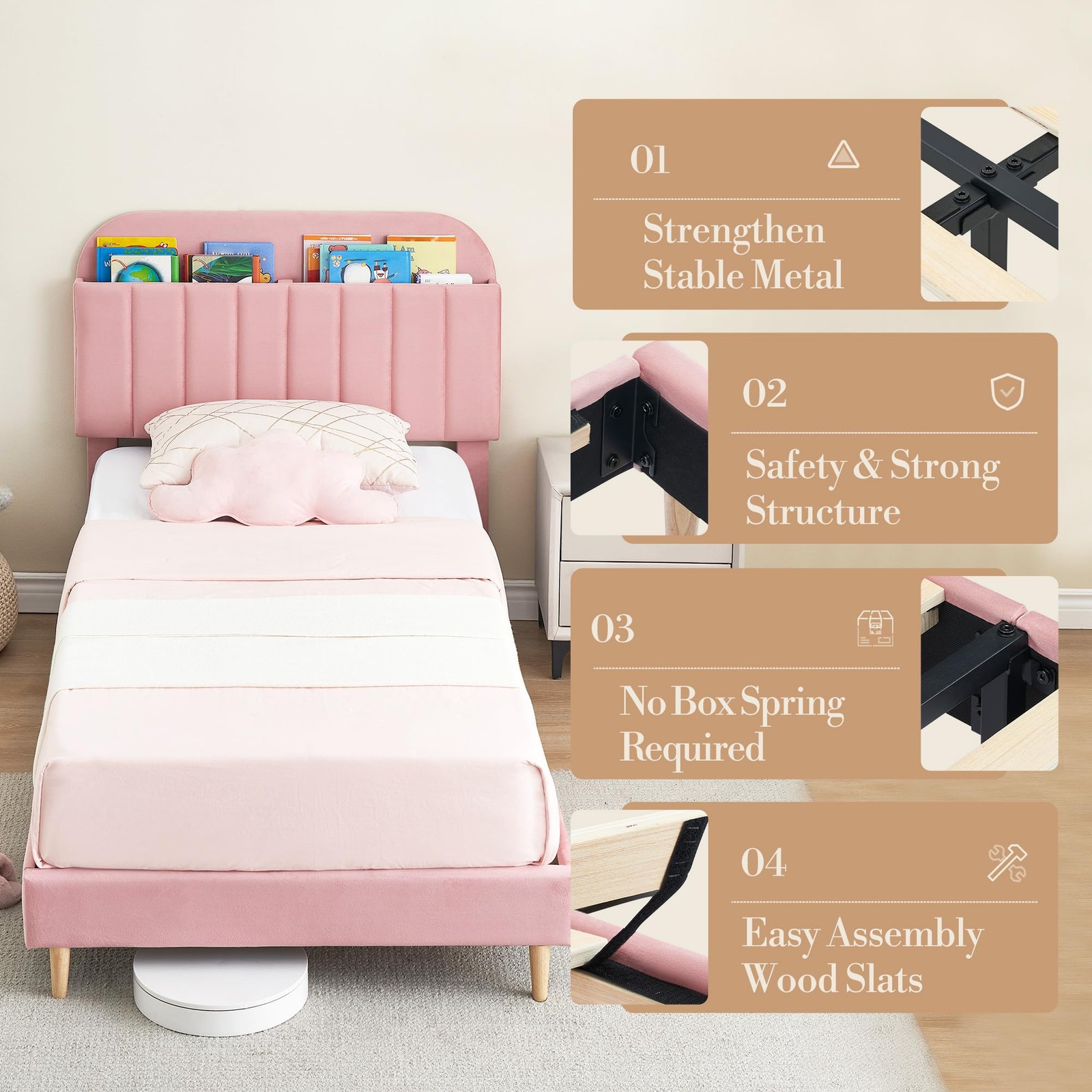 Twin Bed Frame Velvet Headboard for Kids Girls ,Velvet Upholstered Platform
