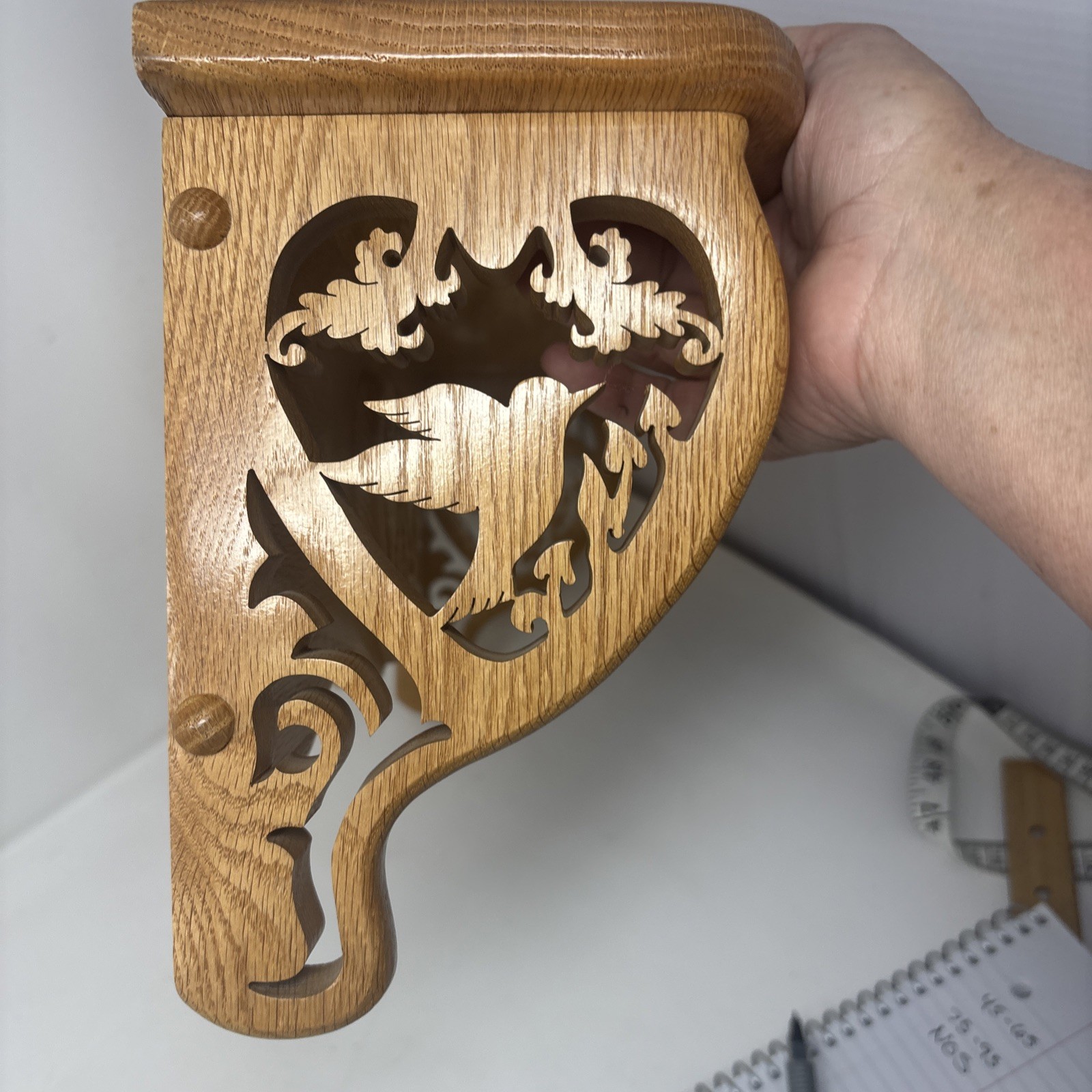 NOS Handcrafted Solid Oak Wall Shelf Intricate Hummingbird Heart Scrollwork VTG