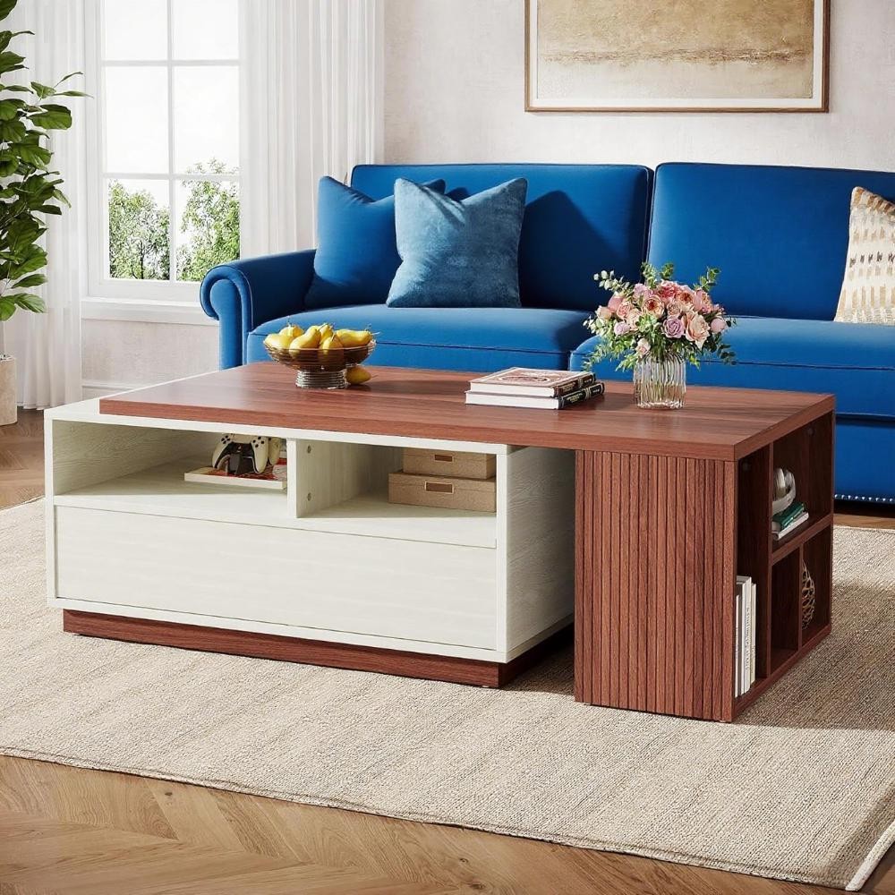 Extendable Rectangle Wood Coffee Table Dining Table with 2 Hidden Drawers