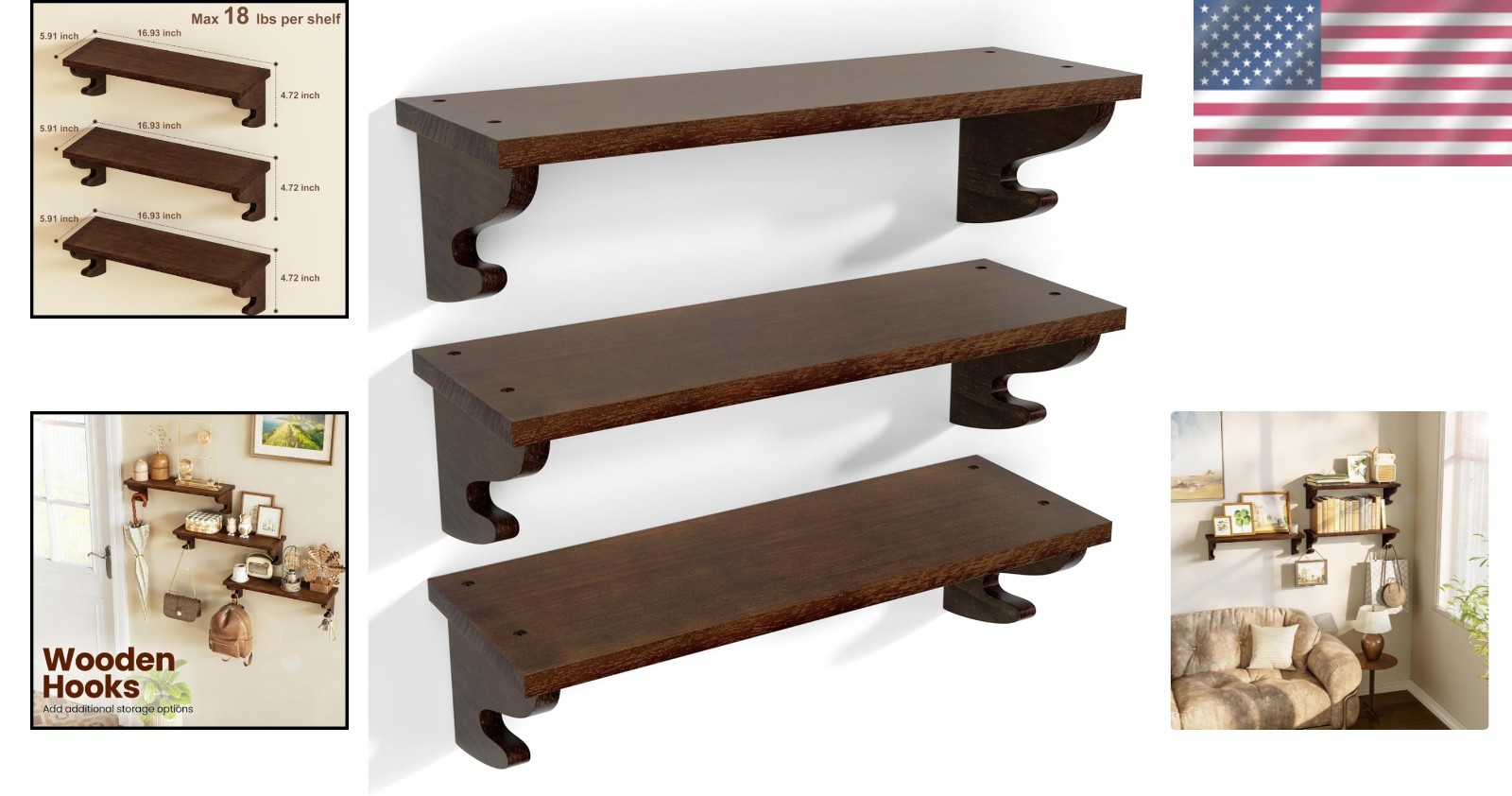 Rustic Light Walnut Floating Shelves – 3 Pack with Hooks for Stylish Storage