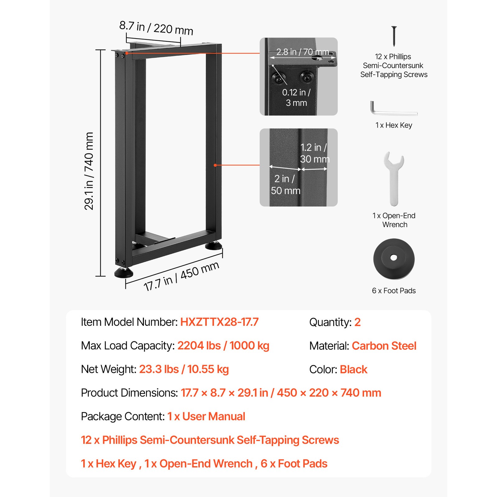 Table Legs, 29.1″ H x 17.7″ W Square T Shape Steel Furniture Legs,Modular Design