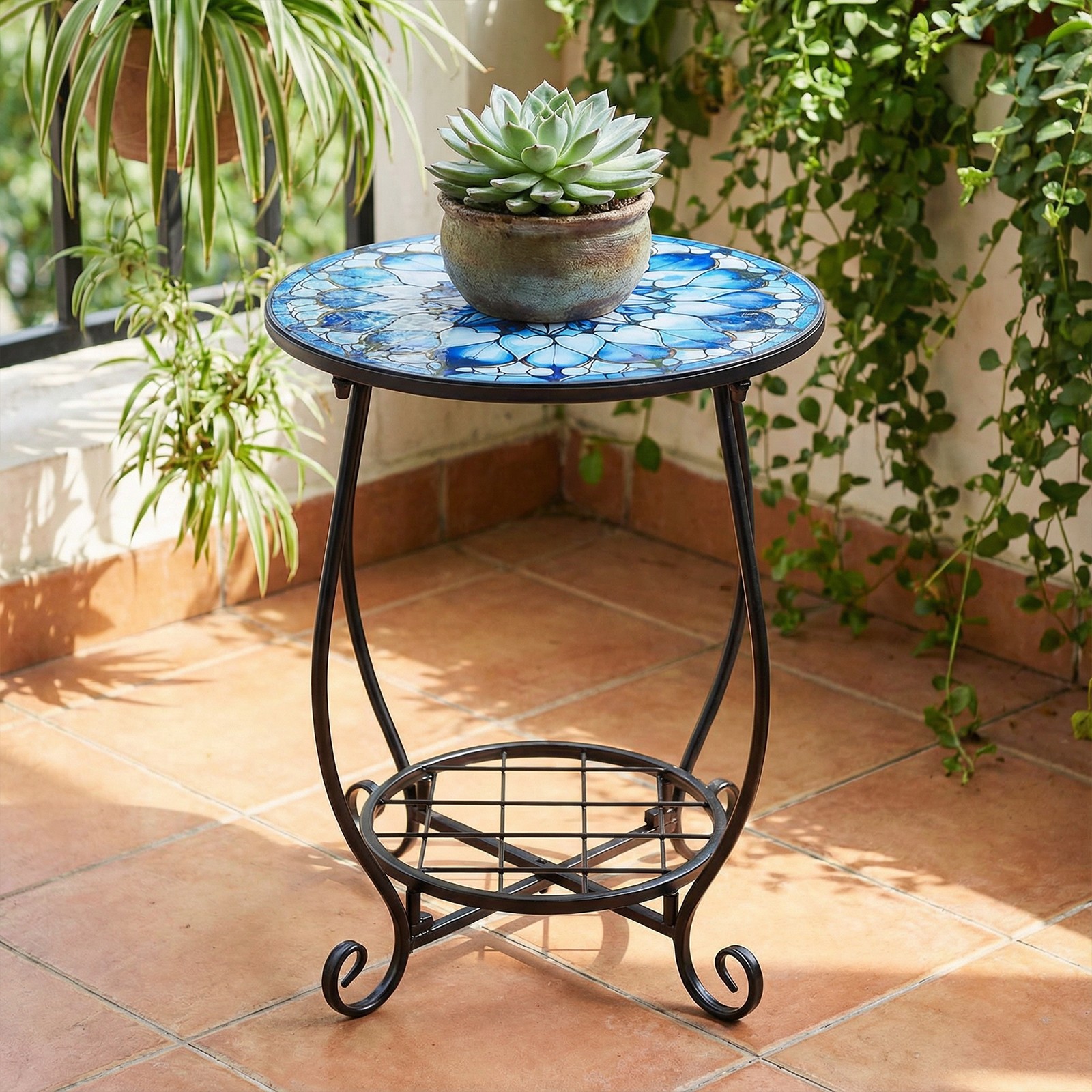 Outdoor Side Table Round Small Mosaic Patio Accent Indoor End Plant Coffee Table