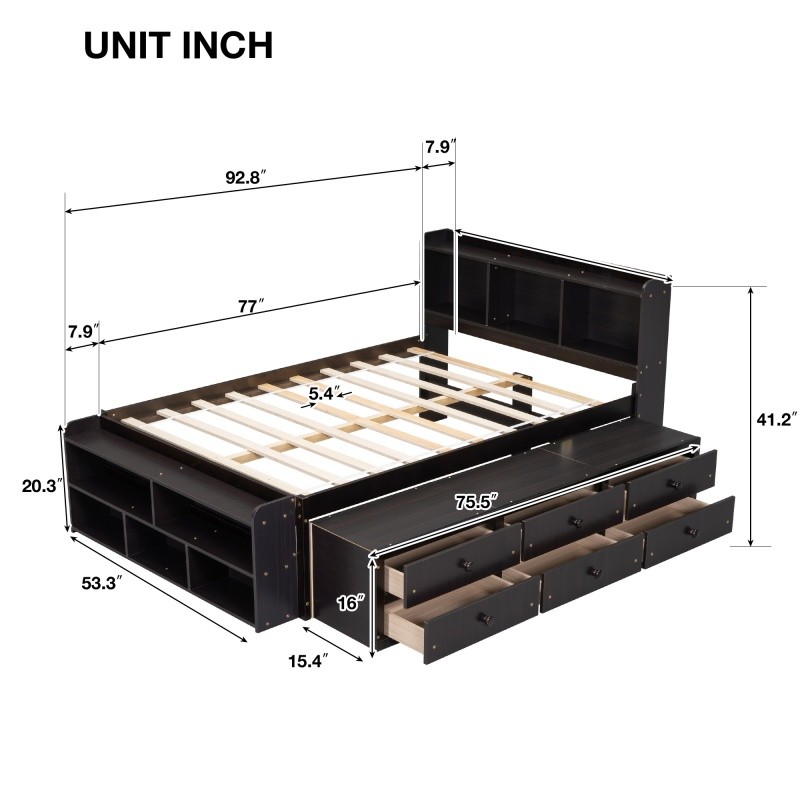 Full Size Wood Storage Bed w/Bookcase,6 Drawers & Bed End Storage Case Espresso