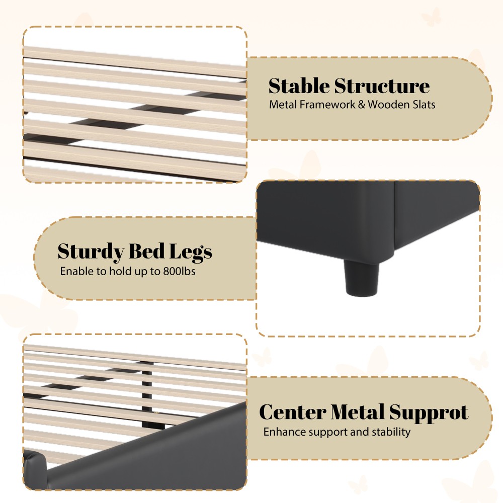 Bed Frame W Leather Upholstery Featuring Butterfly Headboard Includes Footboard