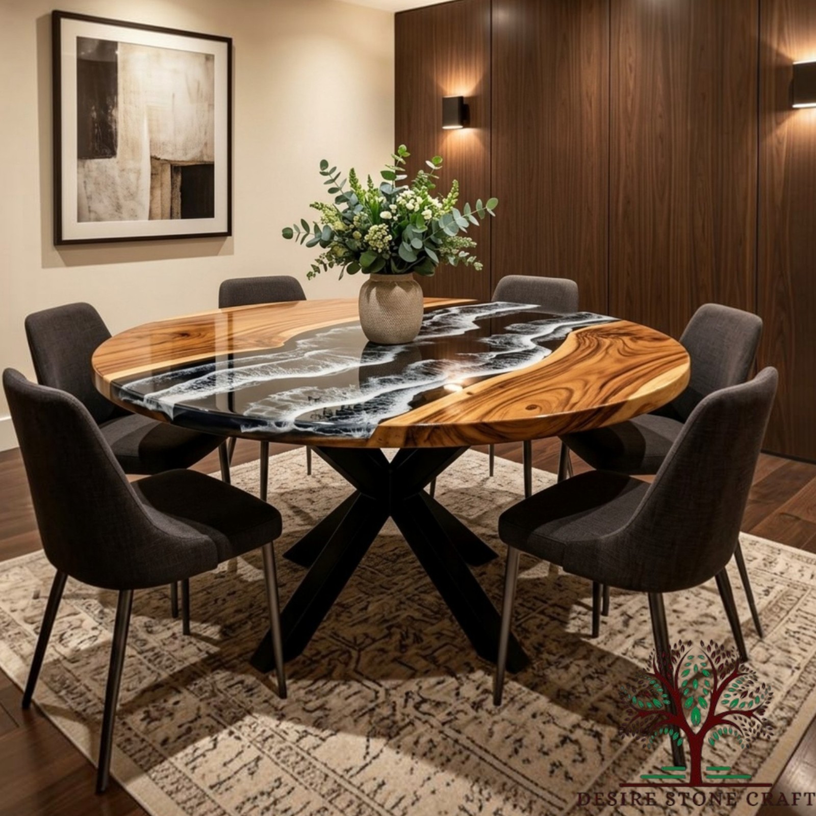 Luxury Round Black Epoxy Resin Wood Dining Table Live Edge River Table