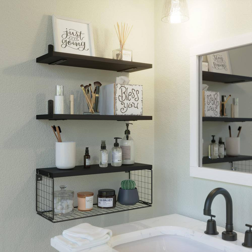 16.5 In. W X 6 In. D Black Wood Floating Bathroom Shelves Wall Mounted with Wire