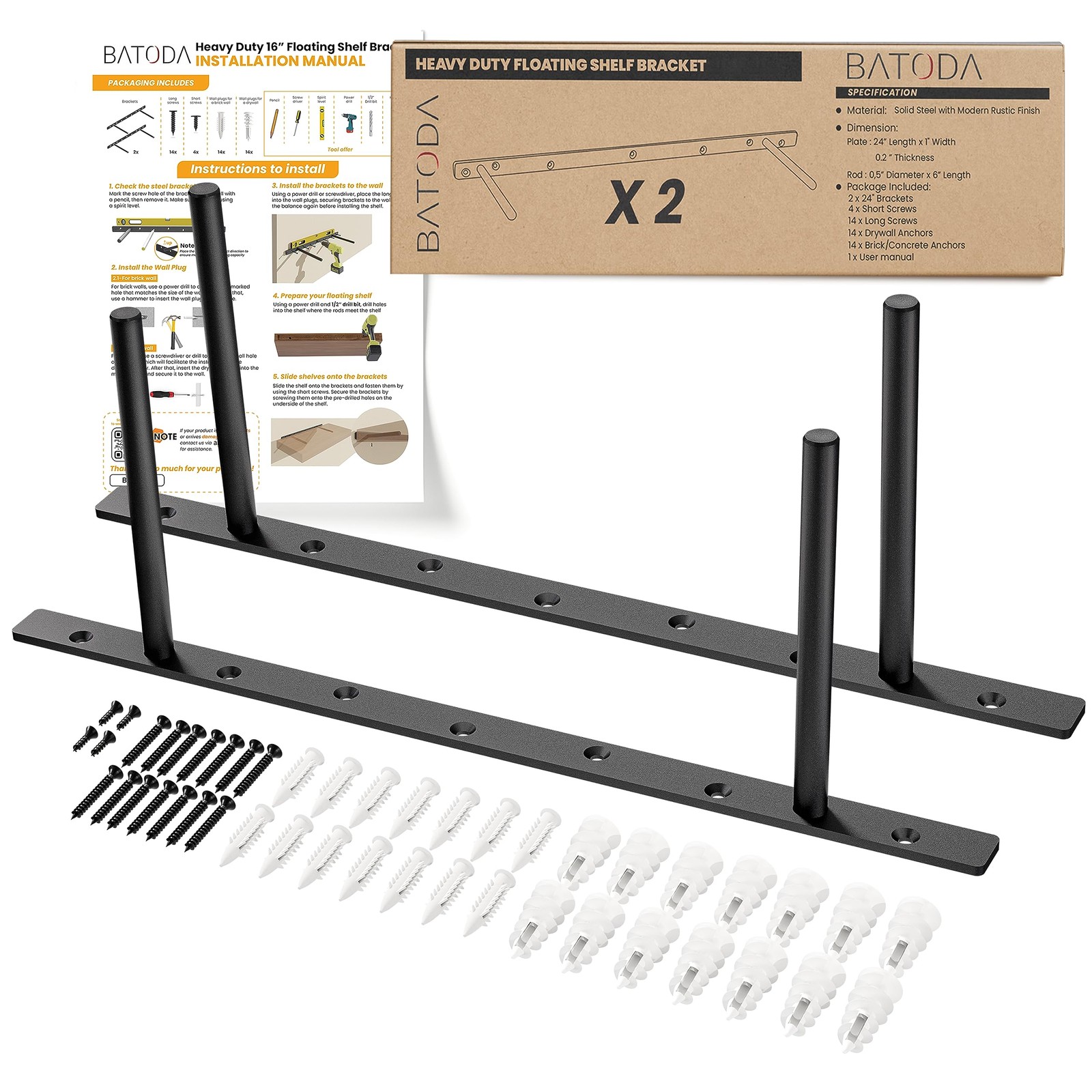 – 16″ Heavy Duty Floating Shelf Bracket (2 pcs)–Solid Steel Blind Shelf Suppo…
