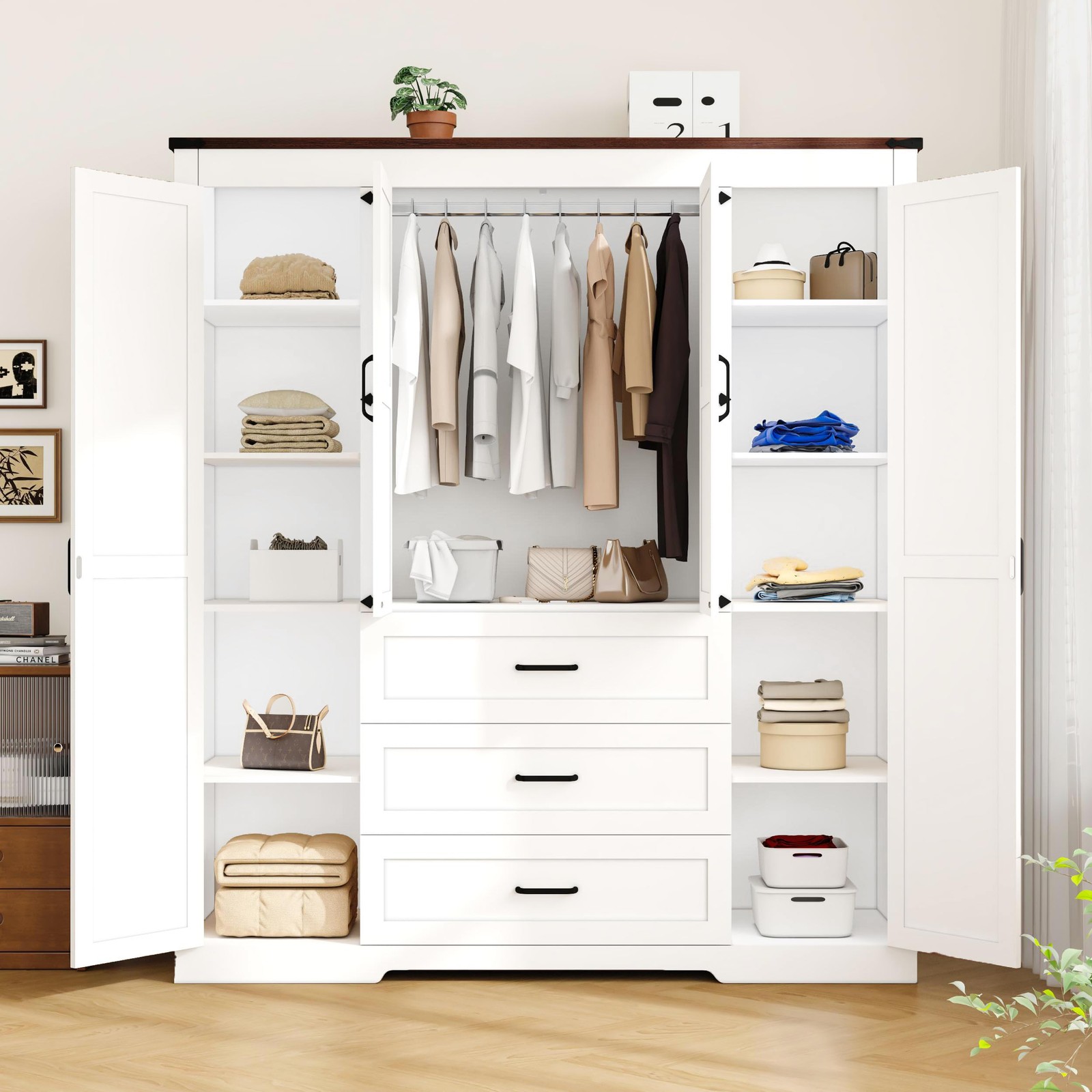 Farmhouse 70″ Tall Armoire Wardrobe Closet 4 Doors 3 Drawers Hanging Rod White