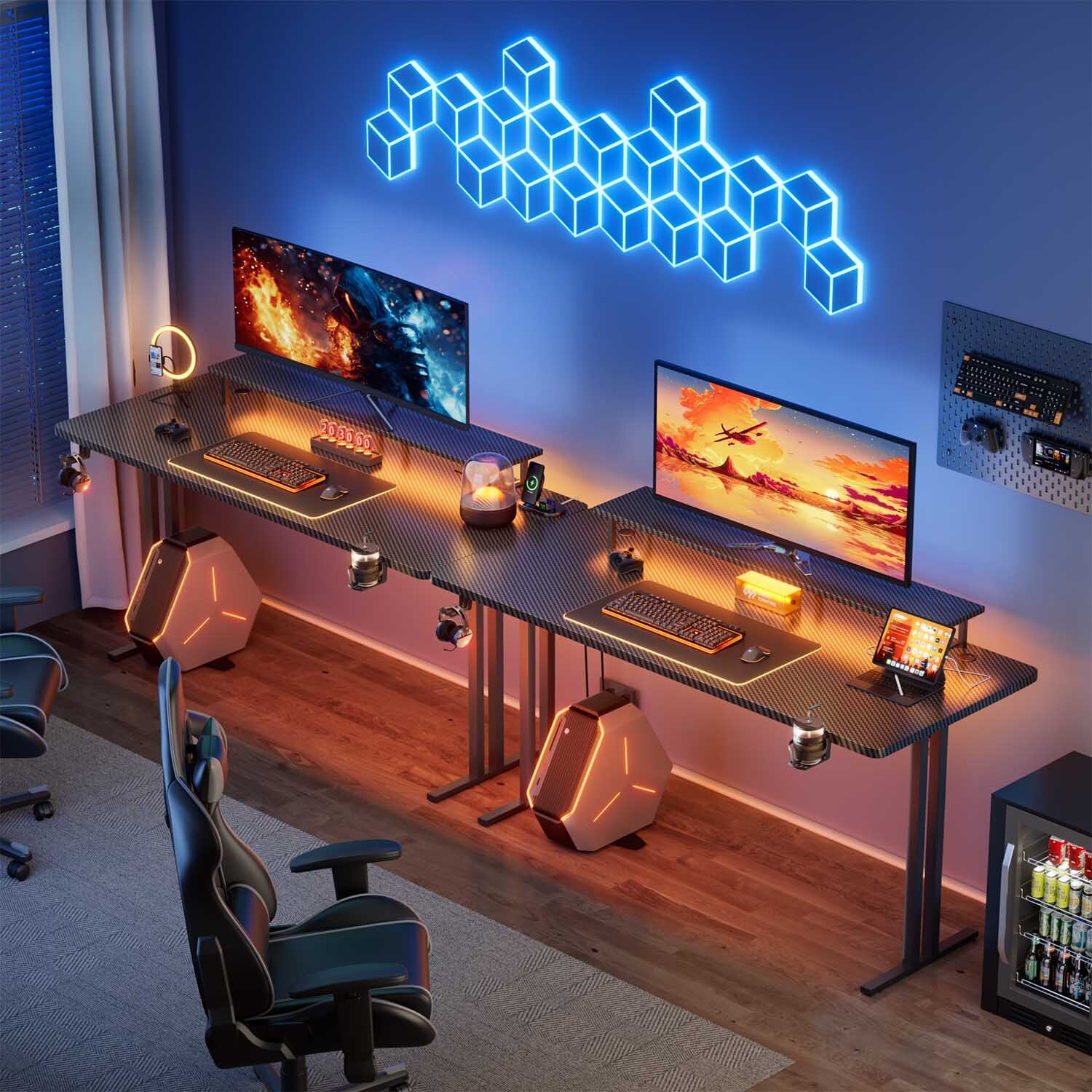 Gaming Desk with LED Lights & Power Outlet, Gamer Desk with Monitor Stand