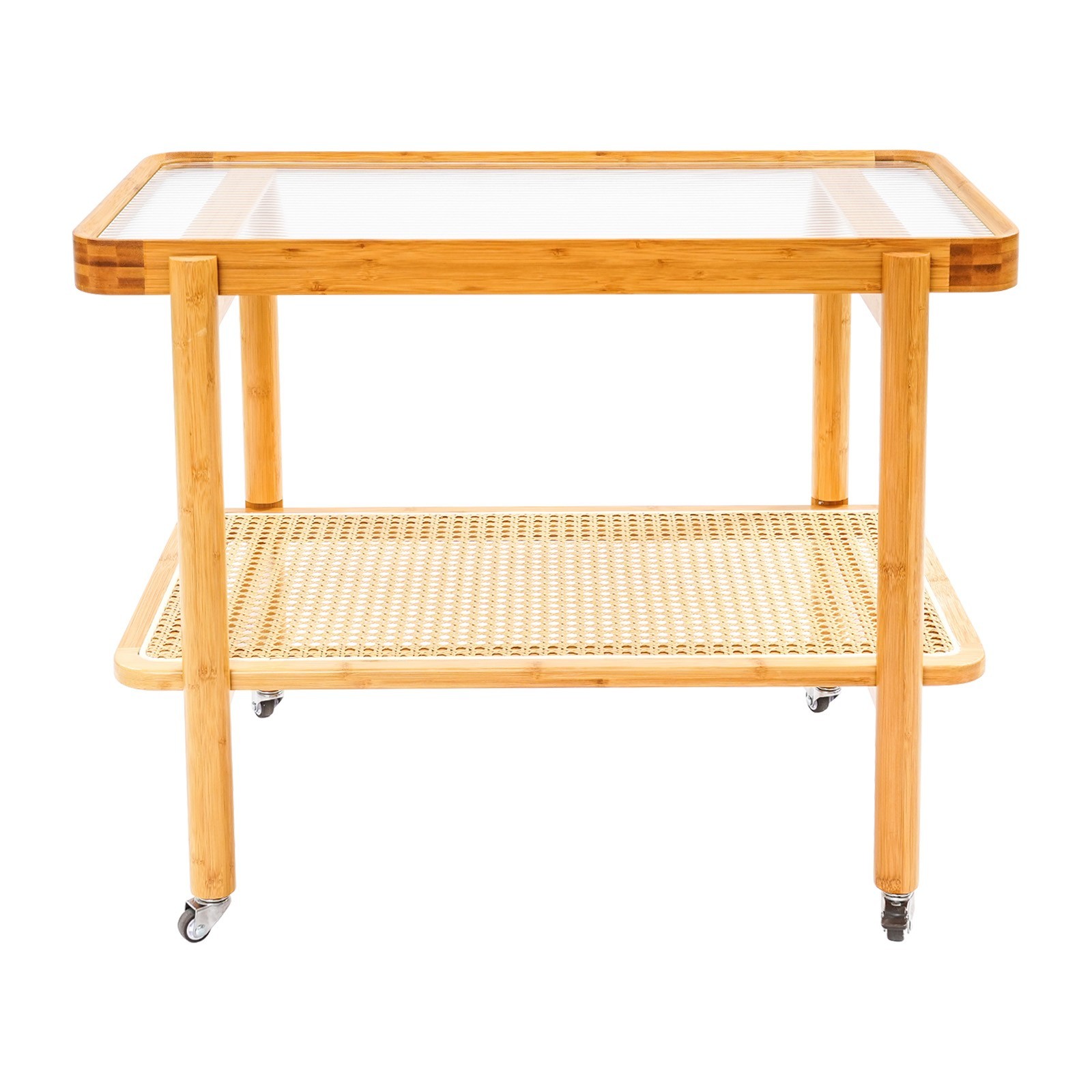 Tempered Glass, Resin, Bamboo Coffee Table with Wheels, 2 Shelves Sofa Table