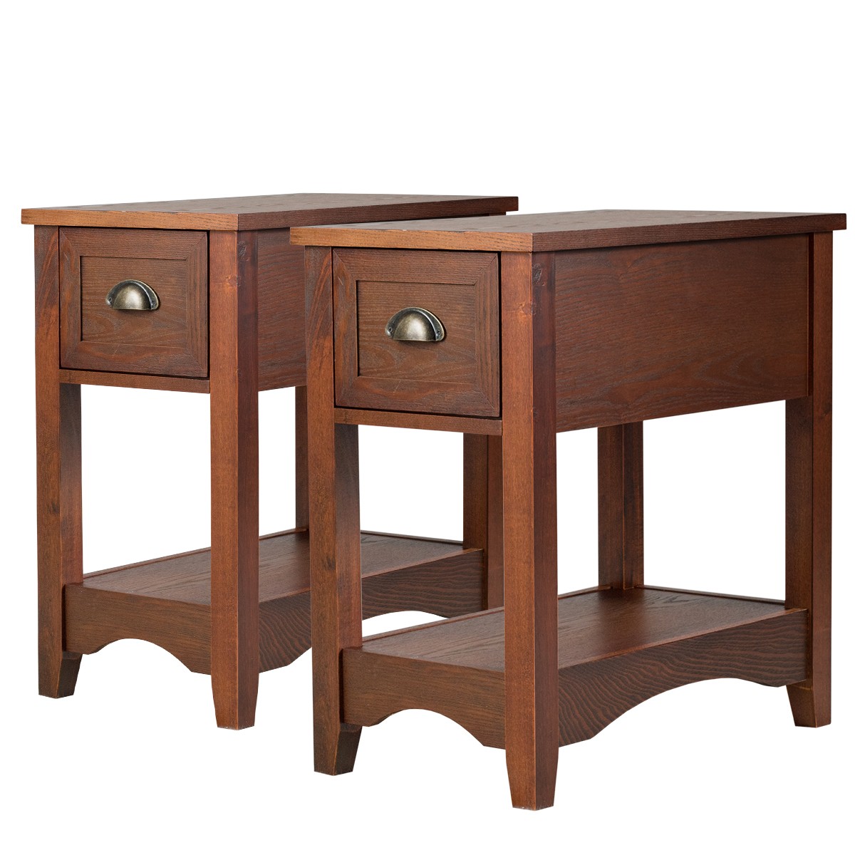 2PCS Contemporary Side Table Compact End Table w/ Drawer for Storage Walnut