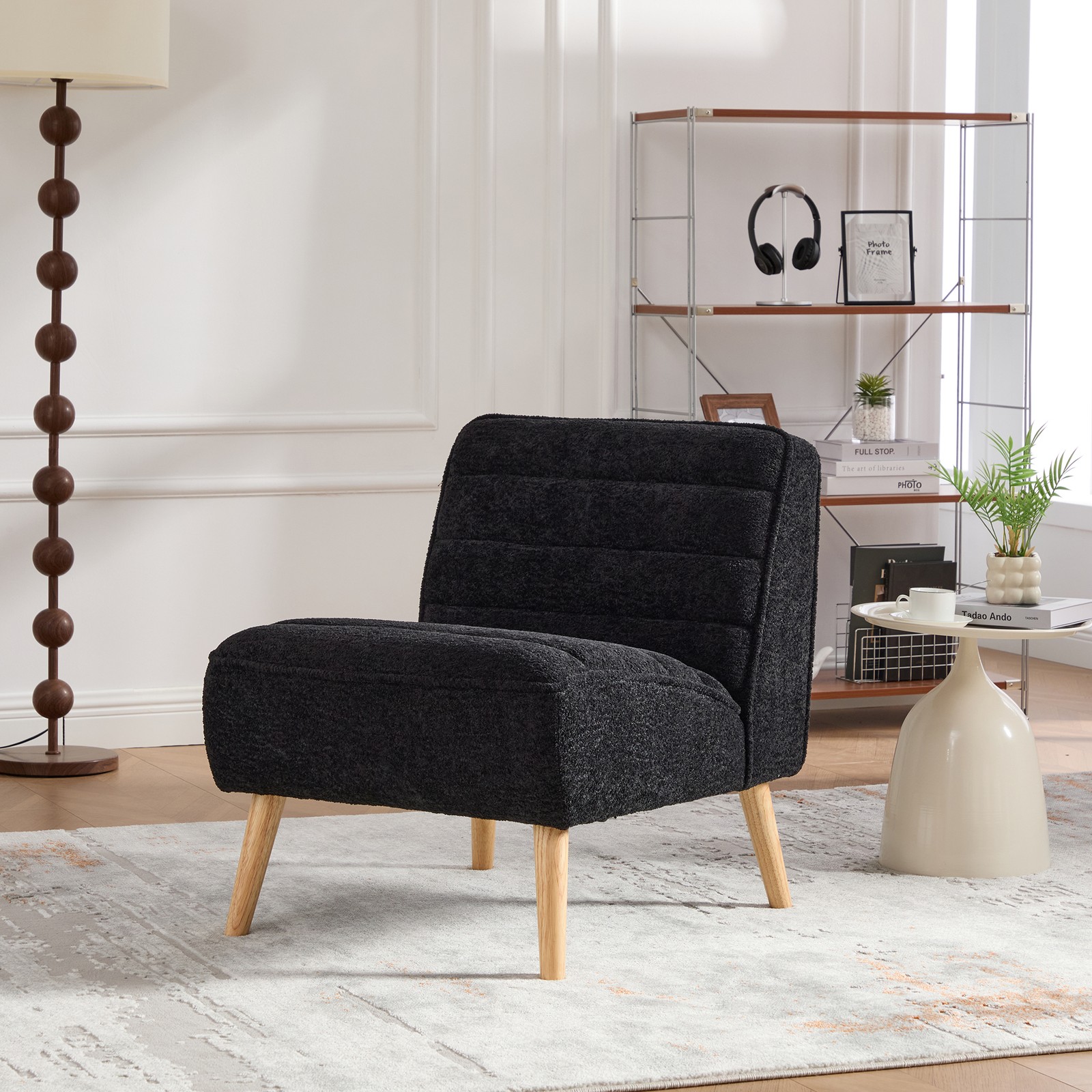 Modern Upholstered Armless Accent Chair with Rubber Wood Legs, 24.4″ Wide, Black