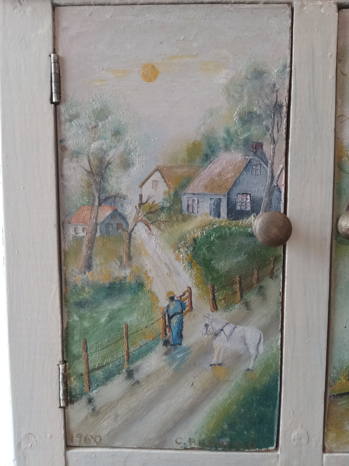 1960 C. Reinhold Hand-Painted Rustic Wood 21″ Corner Hanging Cabinet OOAK