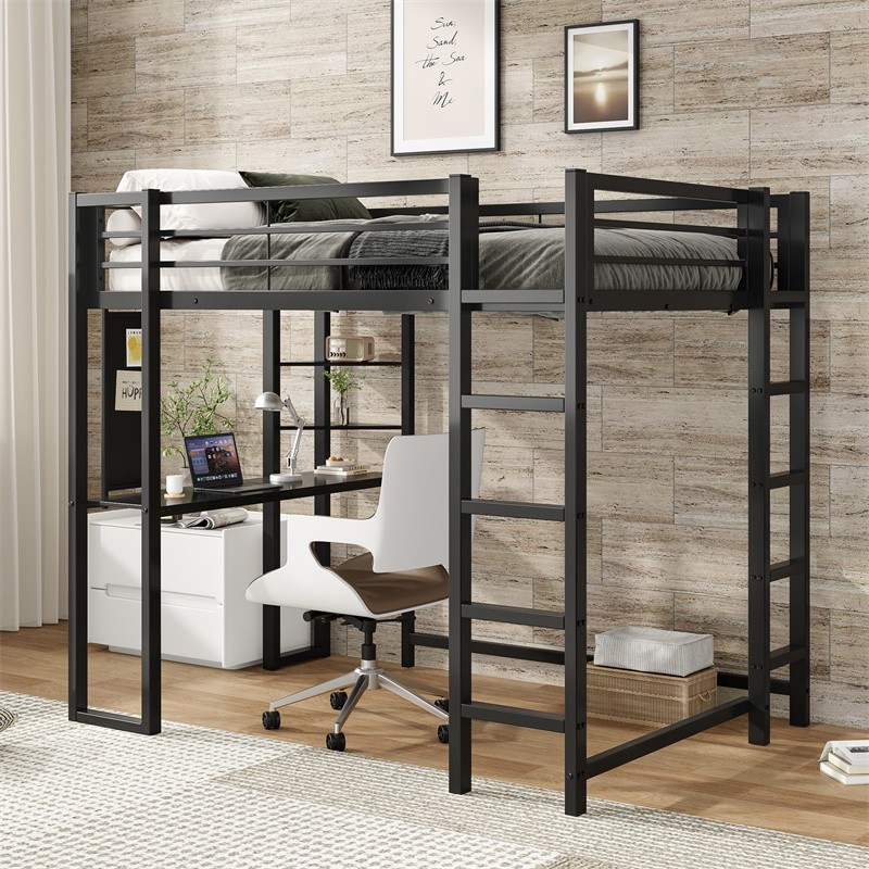 Full Size Metal Loft Bed Frame with Desk and Storage Compatible Boys Girls Teens