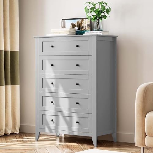 5 Drawer Dresser for Bedroom, Tall 15.7″D x 31.5″W x 42.5″H (5 Drawers) Grey