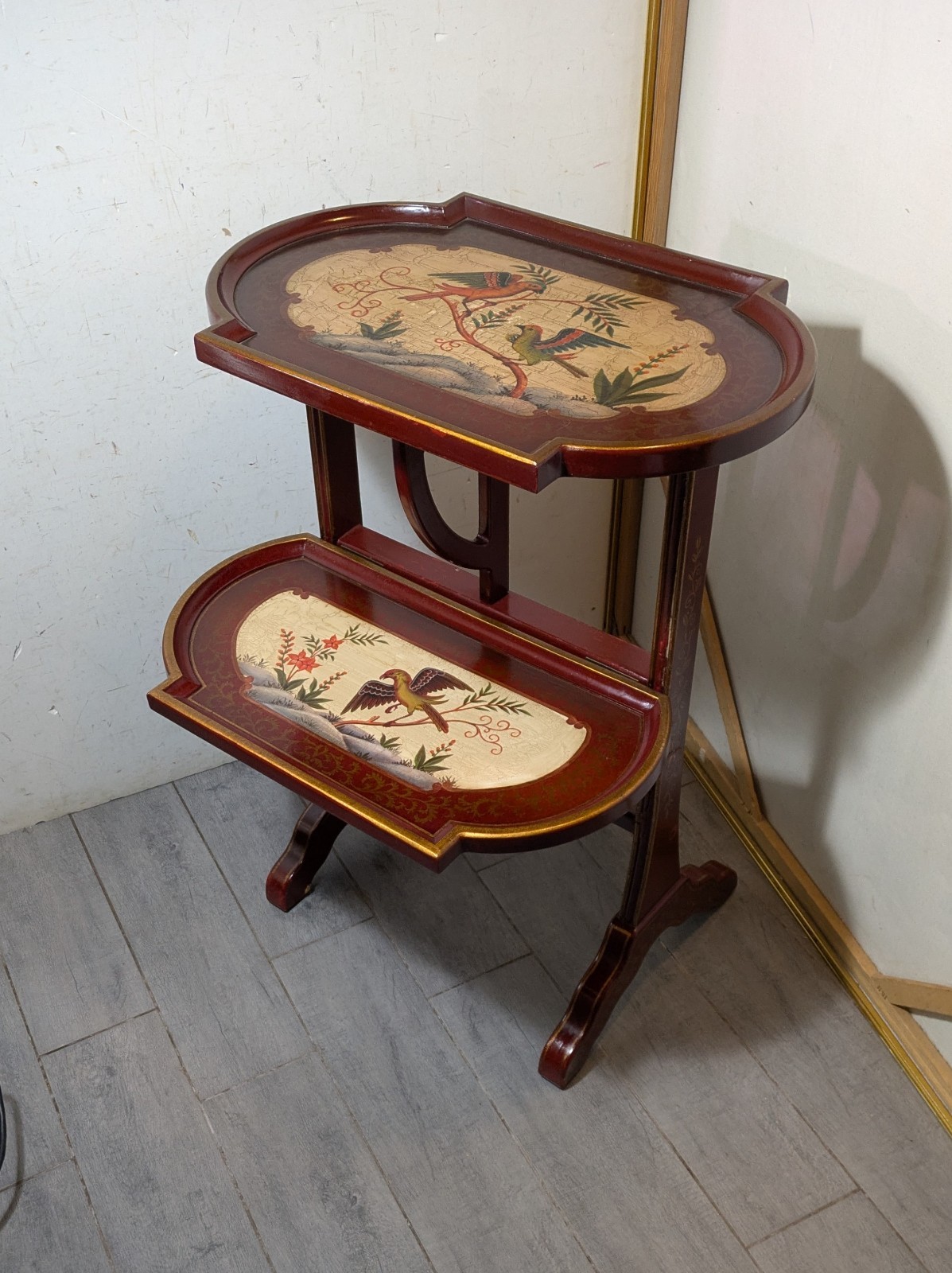 Vintage Asian Chinoiserie Folding Butler Tray Table Hand Painted Birds Red/Gold