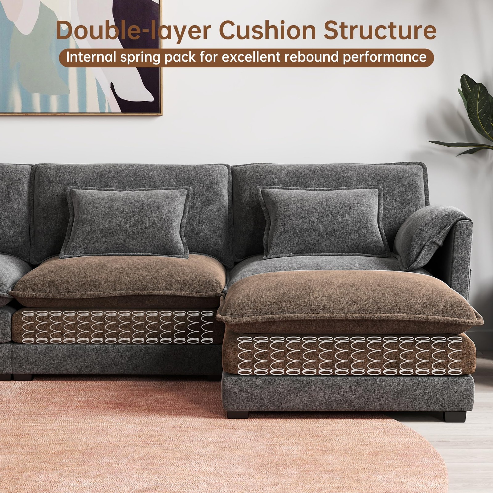34.9in Modular Sectional Single Seat No Armrest w/ Ottoman Chenille Dark Gray
