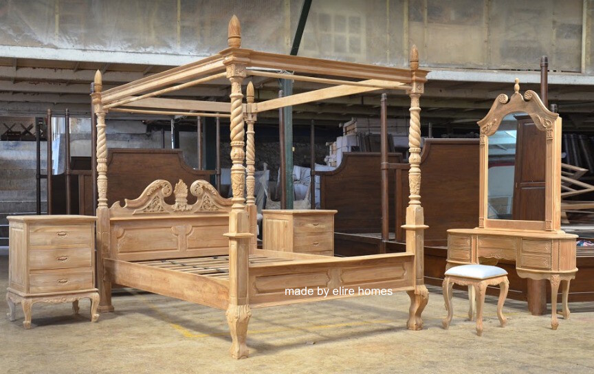 TEAK Wood french Queen Anne style Four poster bed set himmelbett bedroom set