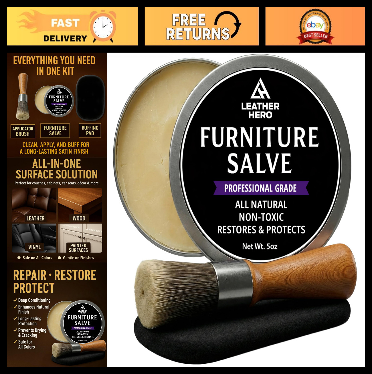 3-in-1 Leather & Wood Furniture Salve – Polisher, Conditioner, Restorer – 5oz Ki