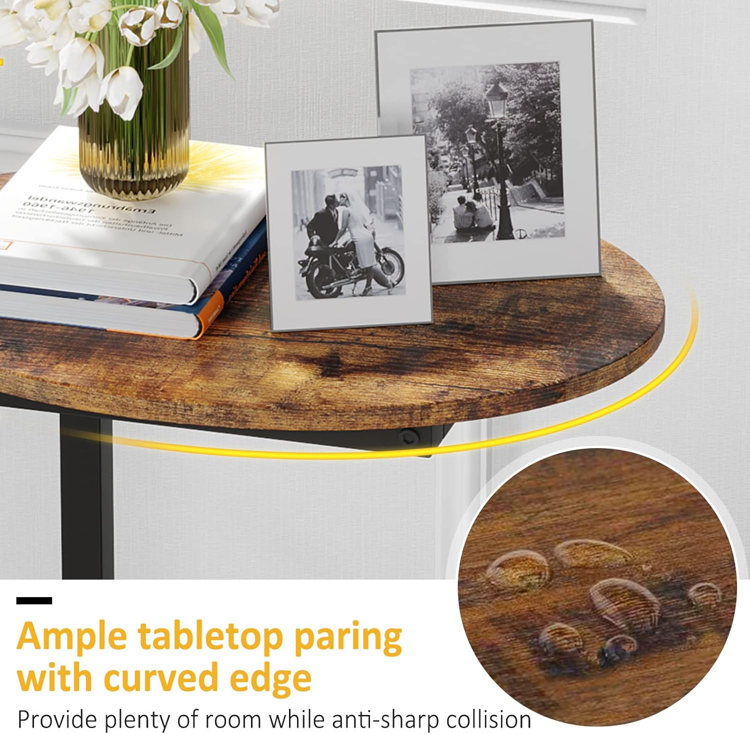 Side Table Small End Table, C-Shaped Wood Sofa Table with Metal Frame for Living
