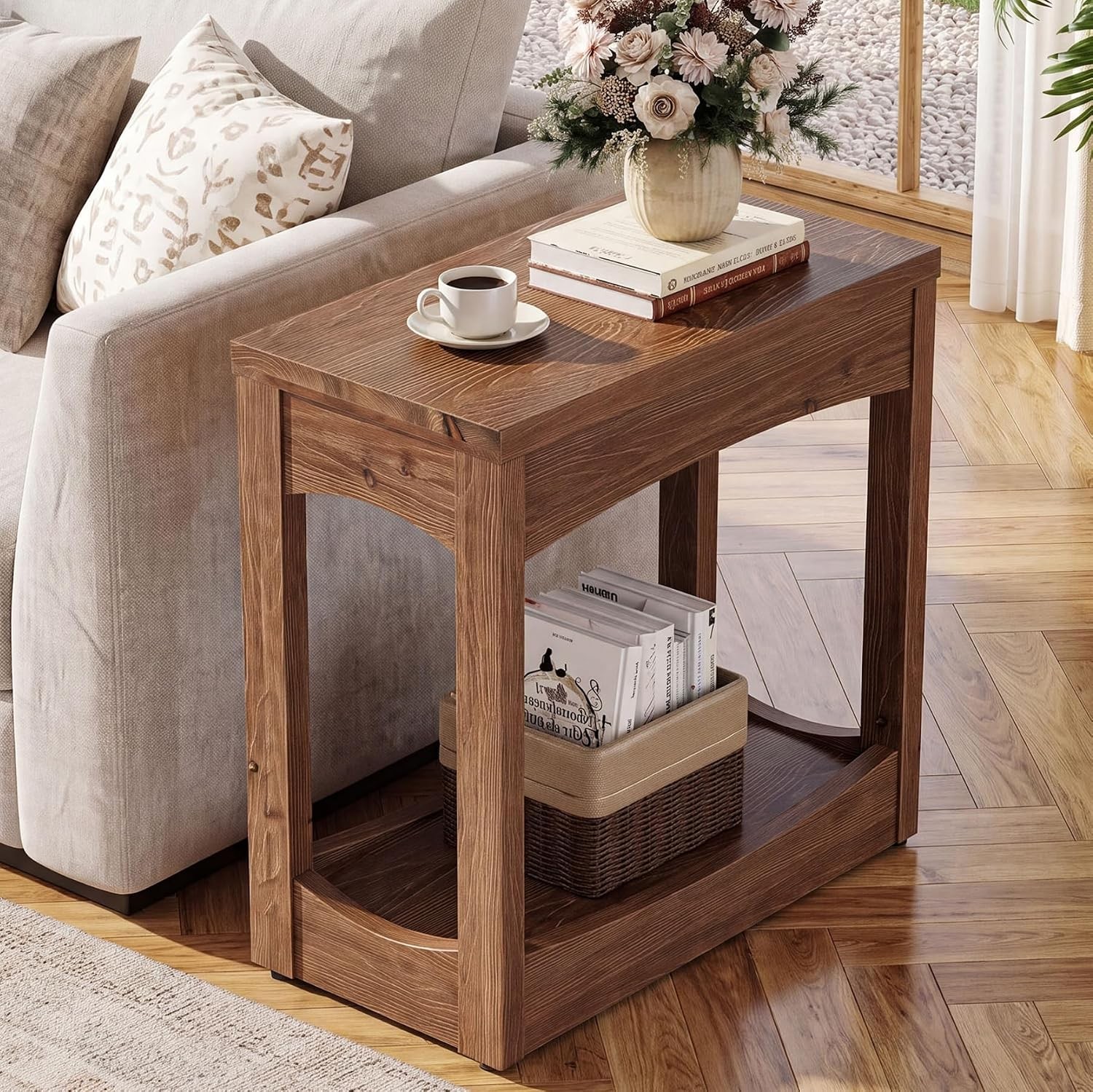 23.62″ Solid Wood End Table,Rectangle Side Table w/ 2-Tier Shelf for Small Space